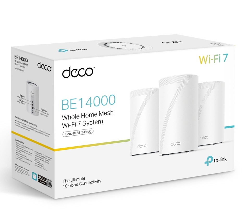 TP-LINK-Deco BE68(3-pack)-TP-Link Deco BE68 BE14000 Tri-Band Whole Home Mesh Wi-Fi 7 System (3-pack) 688 Mbps at 2.4 GHz + 4324 Mbps at 5 GHz + 8647 Mbps at 6 GHz
