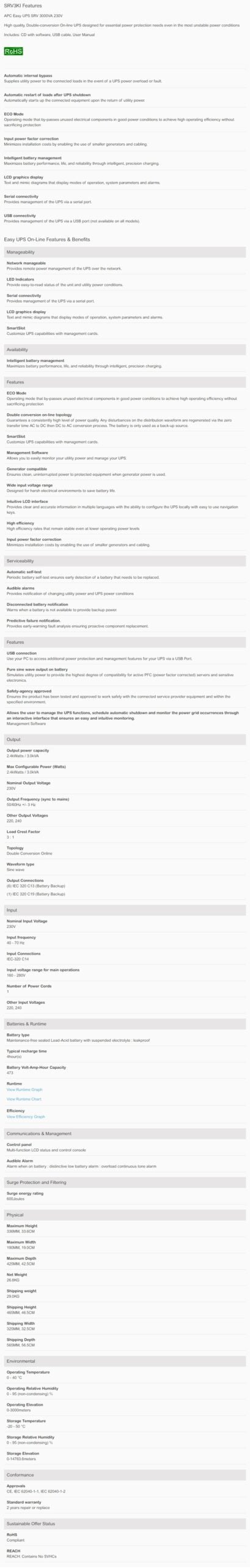 APC | APC Easy UPS 3000VA/2400W Online UPS, Tower Form Factor, 230V/16A Input, 1x IEC C19 6x IEC C13 Outlets, Lead Acid Battery | SRV3KI-E - Image 1