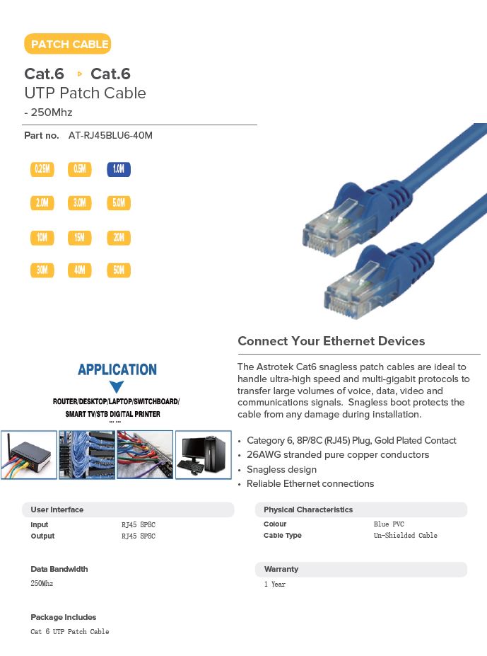 Astrotek | Astrotek CAT6 Cable 40m - Blue Color Premium RJ45 Ethernet Network LAN UTP Patch Cord 26AWG CU Jacket | AT-RJ45BLU6-40M - Image 1