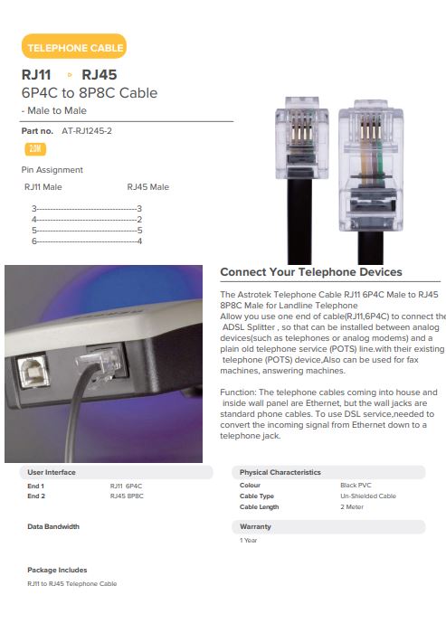Astrotek | Astrotek Telephone CablE RJ12 to RJ45 Cable 2M | AT-RJ1245-2 - Image 1