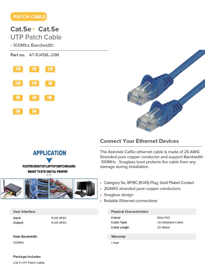 Astrotek | Astrotek CAT5e Cable 20m - Blue Color Premium RJ45 Ethernet Network LAN UTP Patch Cord 26AWG CU Jacket | AT-RJ45BL-20M - Image 1
