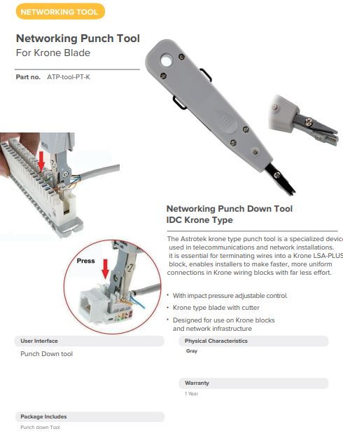 Astrotek | Astrotek Networking Punch Down Tool Multifunction Krone Type IDC/Network Wire Cat5  Telephone Impact Terminal Insertion Grey Color | ATP-TOOL-PT-K - Image 1