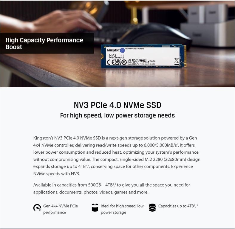 Leader-P | Kingston SNV3S NV3 500G PCle 4.0x4 NVMe M.2 2280 Gen4 SSD 5000/3000MB/s 3D HAND compaitible Notebook and SFF 5Y Limited (LS) | SNV3S/500G - Image 1