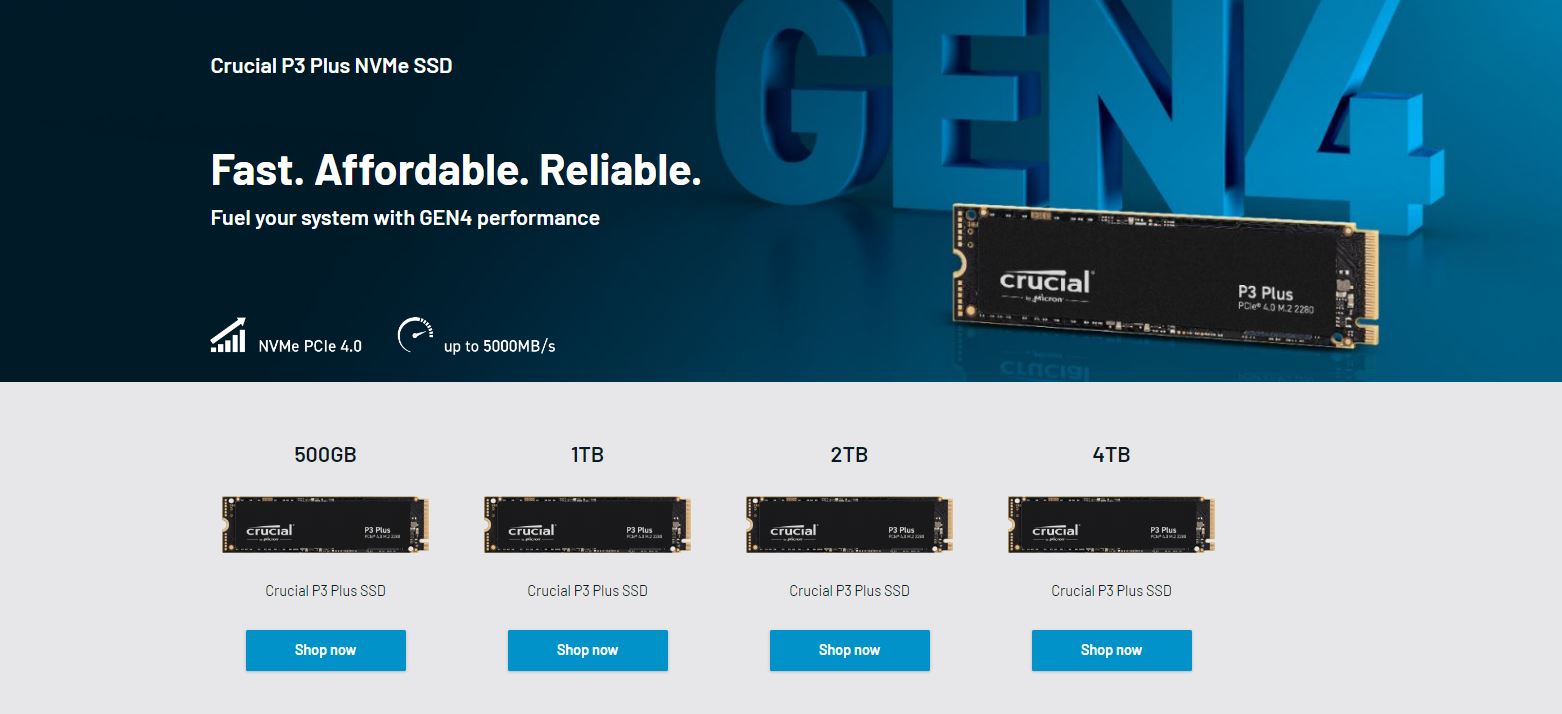 Micron (Crucial) | Crucial P3 Plus 500GB Gen4 NVMe SSD 4700/1900 MB/s R/W 110TBW 350K/460K IOPS 1.5M hrs MTTF Full-Drive Encryption M.2 PCIe4 5yrs | CT500P3PSSD8 - Image 1