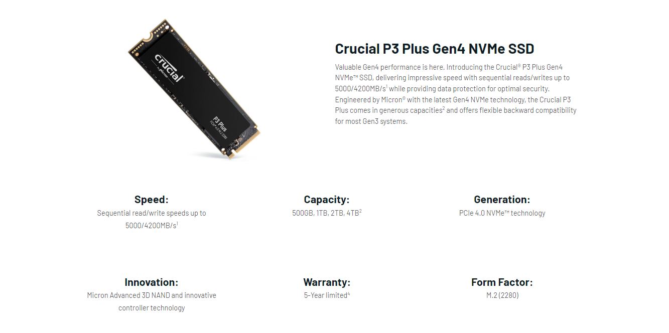Micron (Crucial) | Crucial P3 Plus 500GB Gen4 NVMe SSD 4700/1900 MB/s R/W 110TBW 350K/460K IOPS 1.5M hrs MTTF Full-Drive Encryption M.2 PCIe4 5yrs | CT500P3PSSD8 - Image 2
