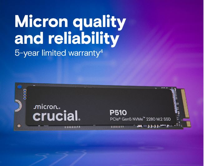 Micron (Crucial)-P | Crucial P510 1TB Gen5 2280 NVMe M.2 SSD 11,000 / 9,500 MB/s R/W 600TBW 1.5M IOPS 1.5M hrs MTTF Full-Drive Encryption 5yrs ~CT1000P310SSD8 | CT1000P510SSD8-P - Image 1