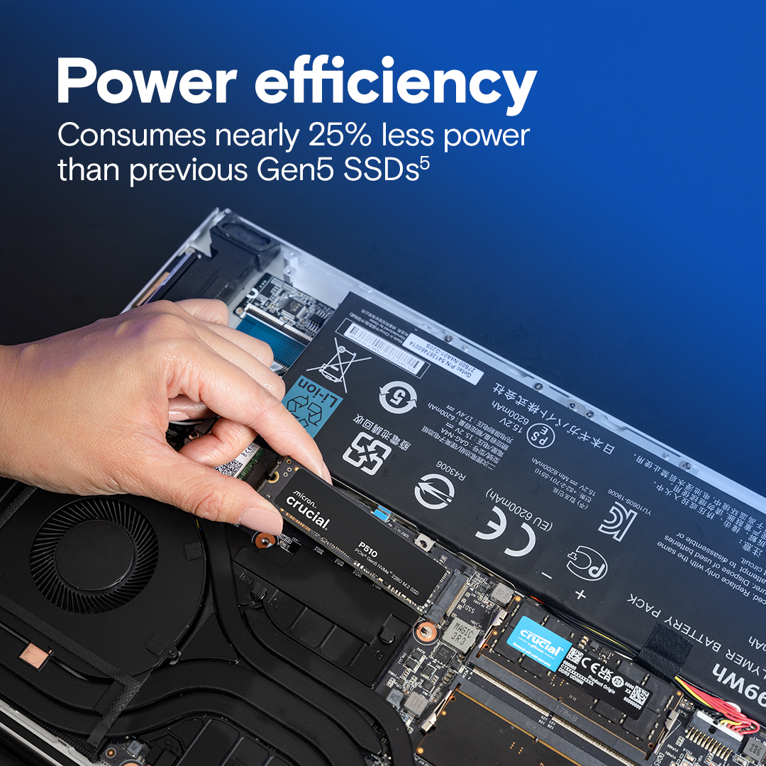 Micron (Crucial)-P | Crucial P510 1TB Gen5 2280 NVMe M.2 SSD 11,000 / 9,500 MB/s R/W 600TBW 1.5M IOPS 1.5M hrs MTTF Full-Drive Encryption 5yrs ~CT1000P310SSD8 | CT1000P510SSD8-P - Image 2