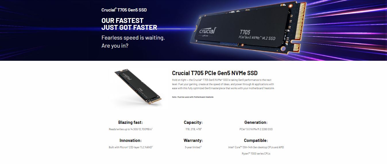 Micron (Crucial) | Crucial T705 4TB Gen5 NVMe SSD - 14100/12600 MB/s R/W 2400TBW 1500K IOPs 1.5M hrs MTTF DirectStorage for Intel 14th Gen  AMD Ryzen 7000 | CT4000T705SSD3 - Image 1