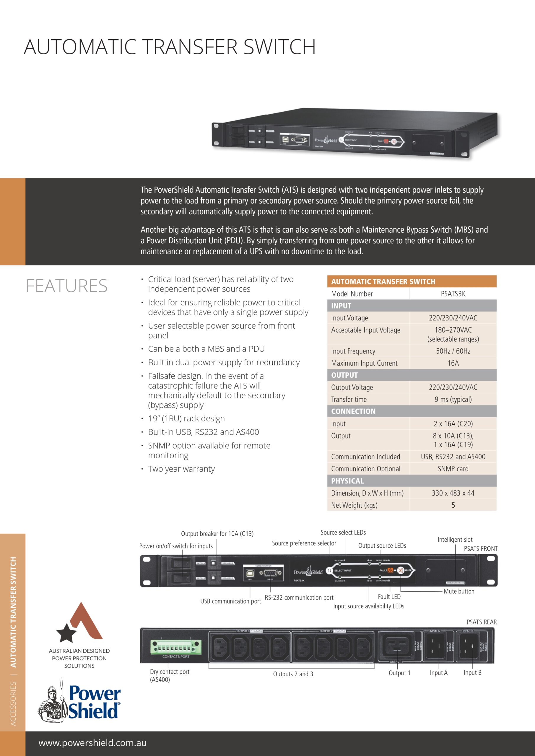 PowerShield | PowerShield Rack ATS 3kVA, Dual 15A C20 inputs, 1 x C19, 8 x C13 outputs, ensures reliable power switching | PSATS3K - Image 1