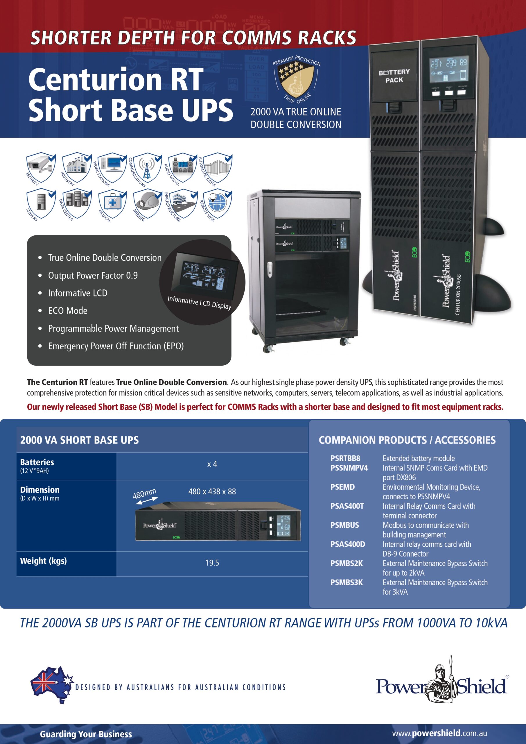 PowerShield | PowerShield Centurion RT 2000VA/1800W Short Base - 10Amp, True Online Double Conversion Rack/Tower UPS, 3 AUS sockets, 10A, C13 x 5, 2-year warranty | PSCERT2000SB - Image 1