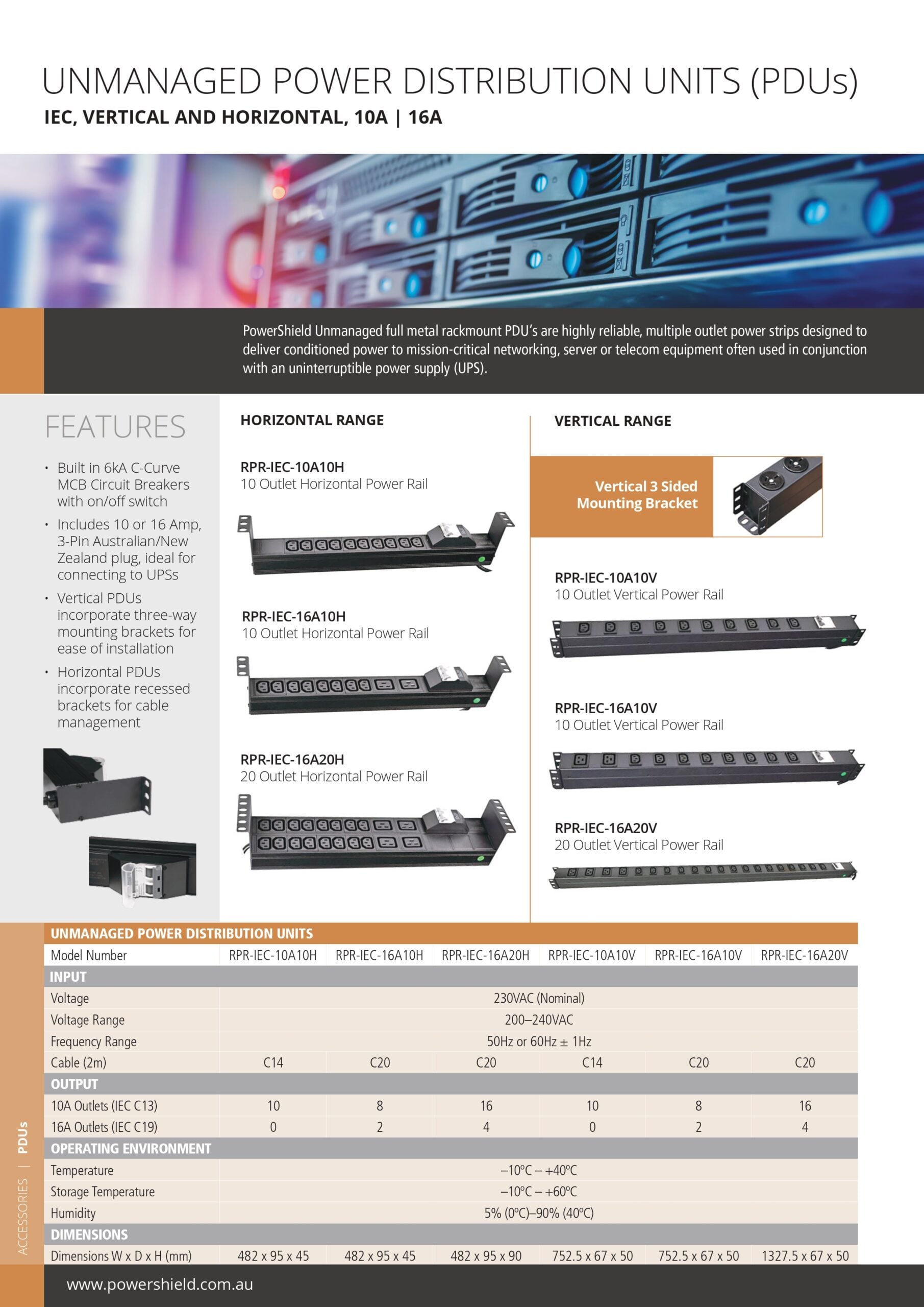 PowerShield | PowerShield Horizontal PDU with IEC C20 Input, 16 x C13, 4 x C19 outlets, provides reliable power distribution for horizontal installations | RPR-IEC-16A20H - Image 1