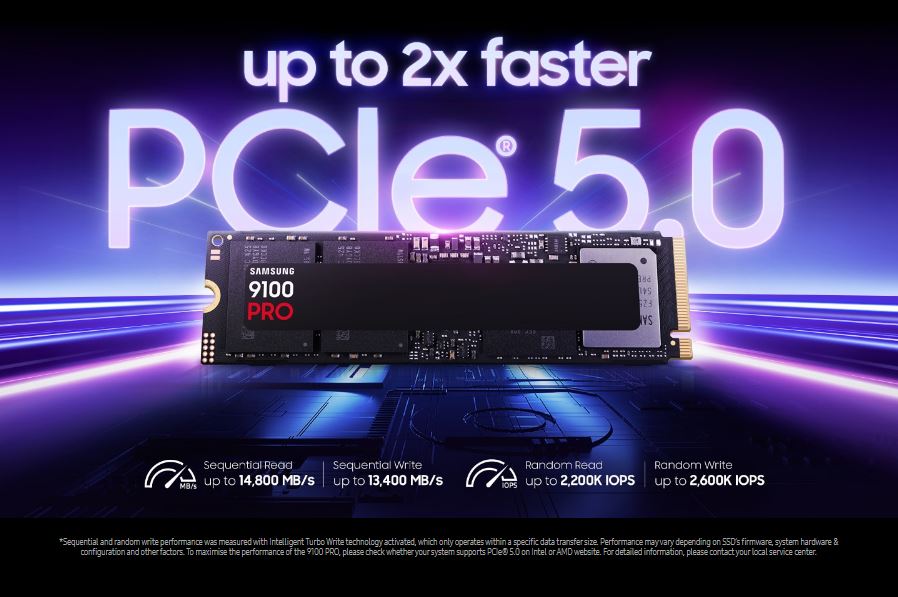 Samsung | Samsung 9100 PRO 4TB PCIe Gen5 NVMe SSD Heatsink 14800MB/s 13400MB/s R/W 2200K/2600K IOPS 2400TBW 1.5M hrs V-NAND TLC AES 256-bit Encryption 5yr wty | MZ-VAP4T0CW - Image 3