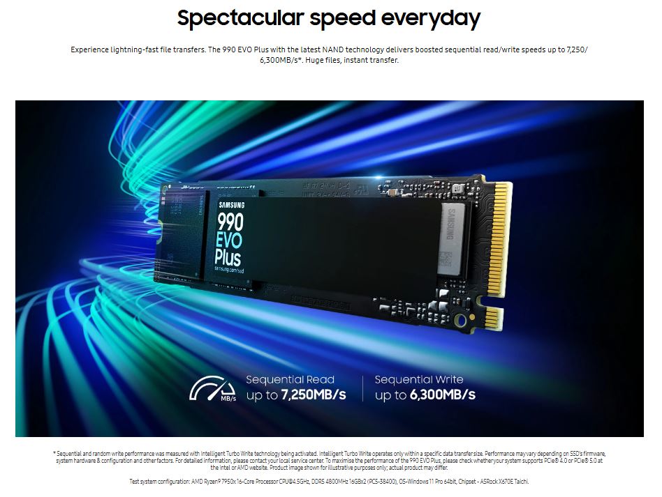 Samsung | Samsung 990 EVO Plus 2TB PCIe Gen5 NVMe SSD 7250MB/s 6300MB/s R/W 1000K/1350K IOPS 1200TBW 1.5M hrs V-NAND TLC AES 256-bit Encryption 5yr wty | MZ-V9S2T0BW - Image 3
