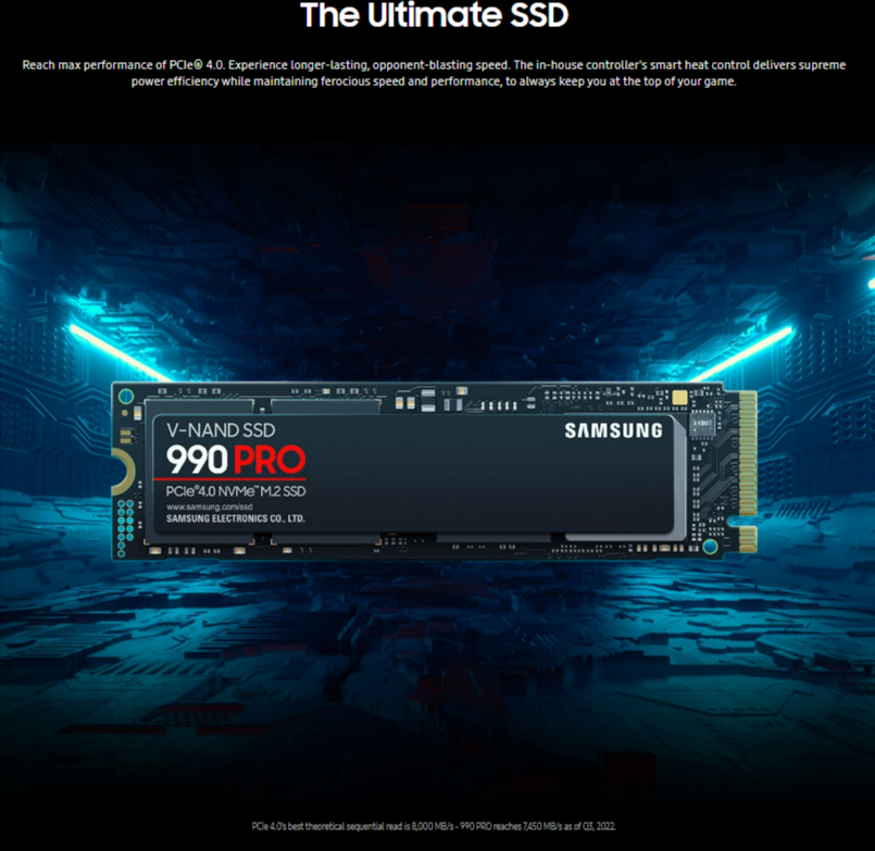 Samsung | Samsung 990 Pro 1TB Gen4 NVMe SSD 7450MB/s 6900MB/s R/W 1550K/1200K IOPS 600TBW 1.5M Hrs MTBF for PS5 5yrs Wty | MZ-V9P1T0BW - Image 1