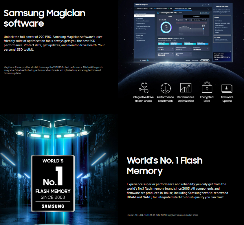 Samsung | Samsung 990 Pro 1TB Gen4 NVMe SSD 7450MB/s 6900MB/s R/W 1550K/1200K IOPS 600TBW 1.5M Hrs MTBF for PS5 5yrs Wty | MZ-V9P1T0BW - Image 4