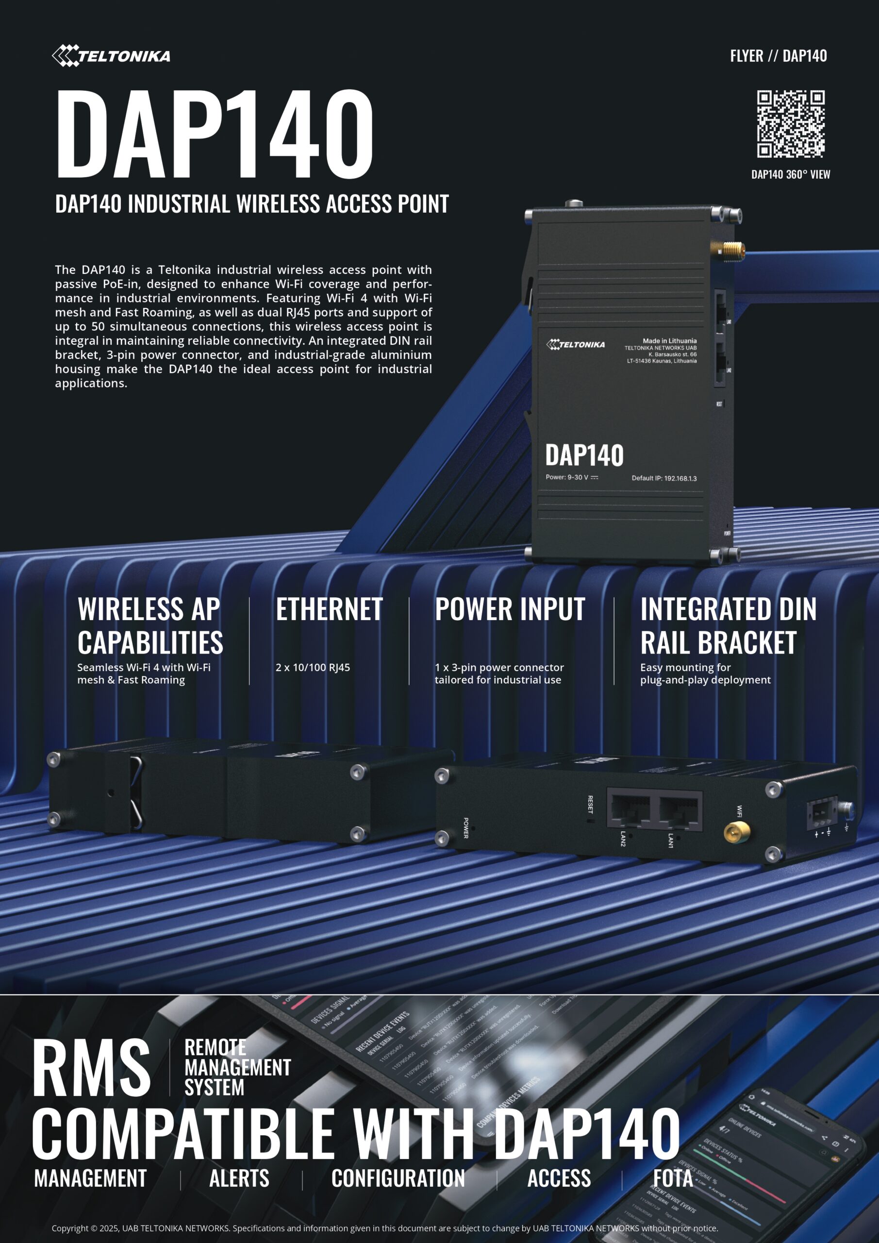 Teltonika | Teltonika DAP140 Industrial Wireless Access Point with Mesh Wi-Fi  Fast Roaming, 2 x 10/100 RJ45, Dual LAN  Passive PoE-In, DIN RAIL, PSU excluded. | DAP140000000 - Image 1