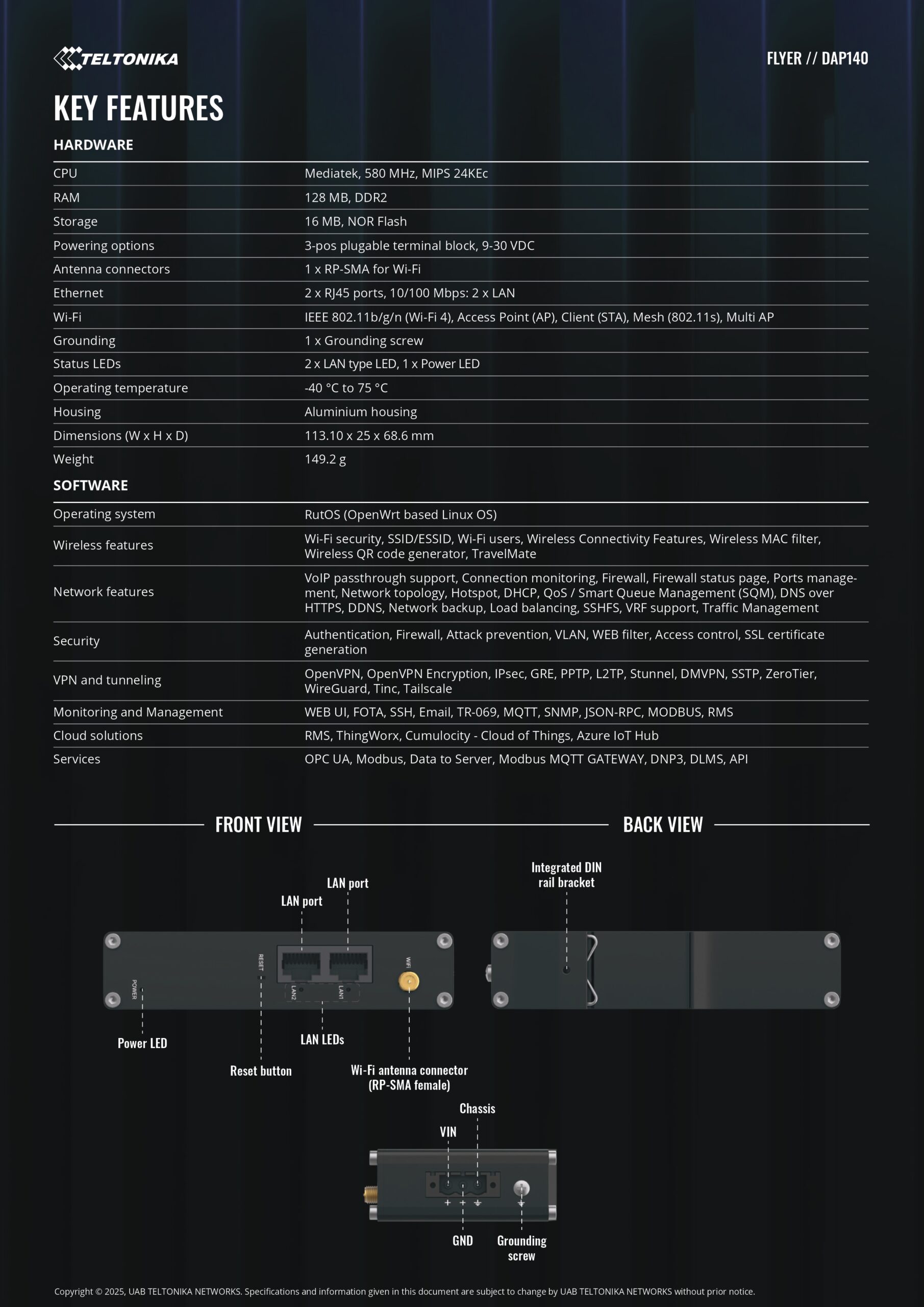 Teltonika | Teltonika DAP140 Industrial Wireless Access Point with Mesh Wi-Fi  Fast Roaming, 2 x 10/100 RJ45, Dual LAN  Passive PoE-In, DIN RAIL, PSU excluded. | DAP140000000 - Image 2