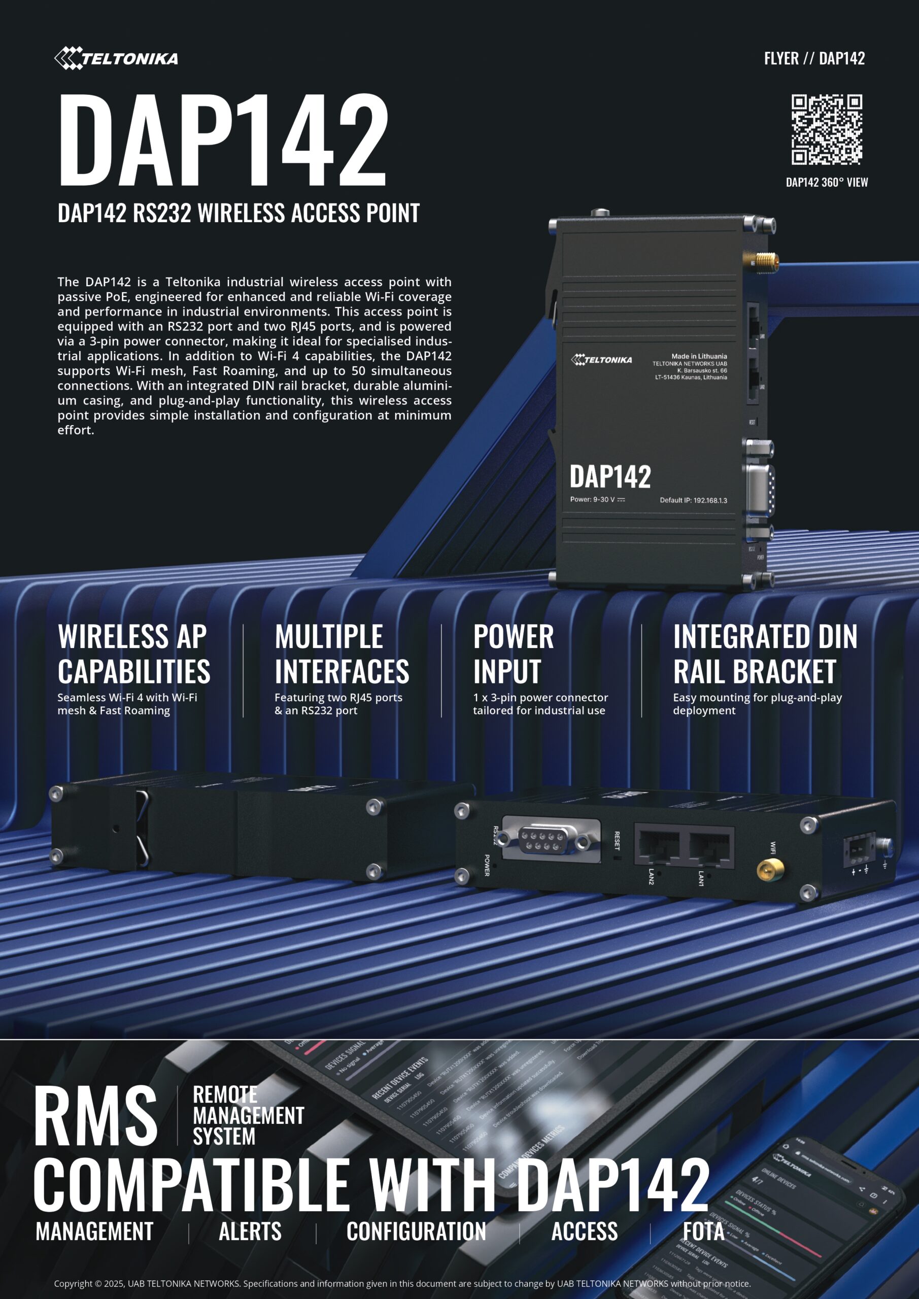 Teltonika | Teltonika DAP142 Industrial Access Point with RS232  Dual RJ45, Seamless Mesh Wi-Fi 4, Passive PoE  DIN-rail Ready, PSU excluded | DAP142000000 - Image 1