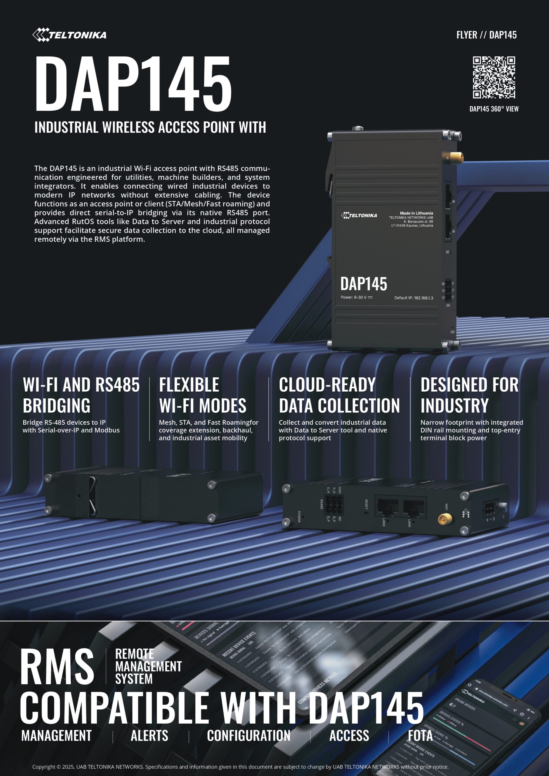 Teltonika | Teltonika DAP145 Industrial RS485 Wi-Fi 4 Access Point, Mesh-Ready with Fast Roaming  DIN-Rail Mount, Robust RS485-to-IP Bridging, PSU excluded | DAP145000000 - Image 1