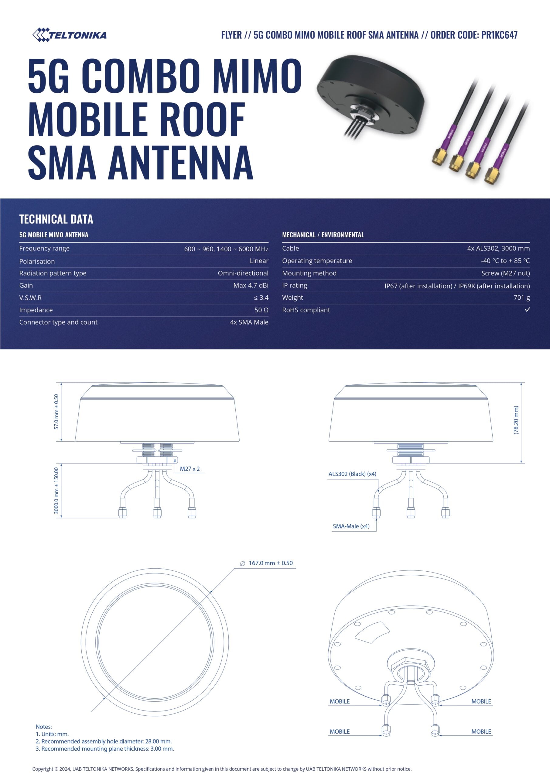 Teltonika | Teltonika 5G COMBO MIMO MOBILE ROOF SMA ANTENNA | PR1KC647 - Image 1