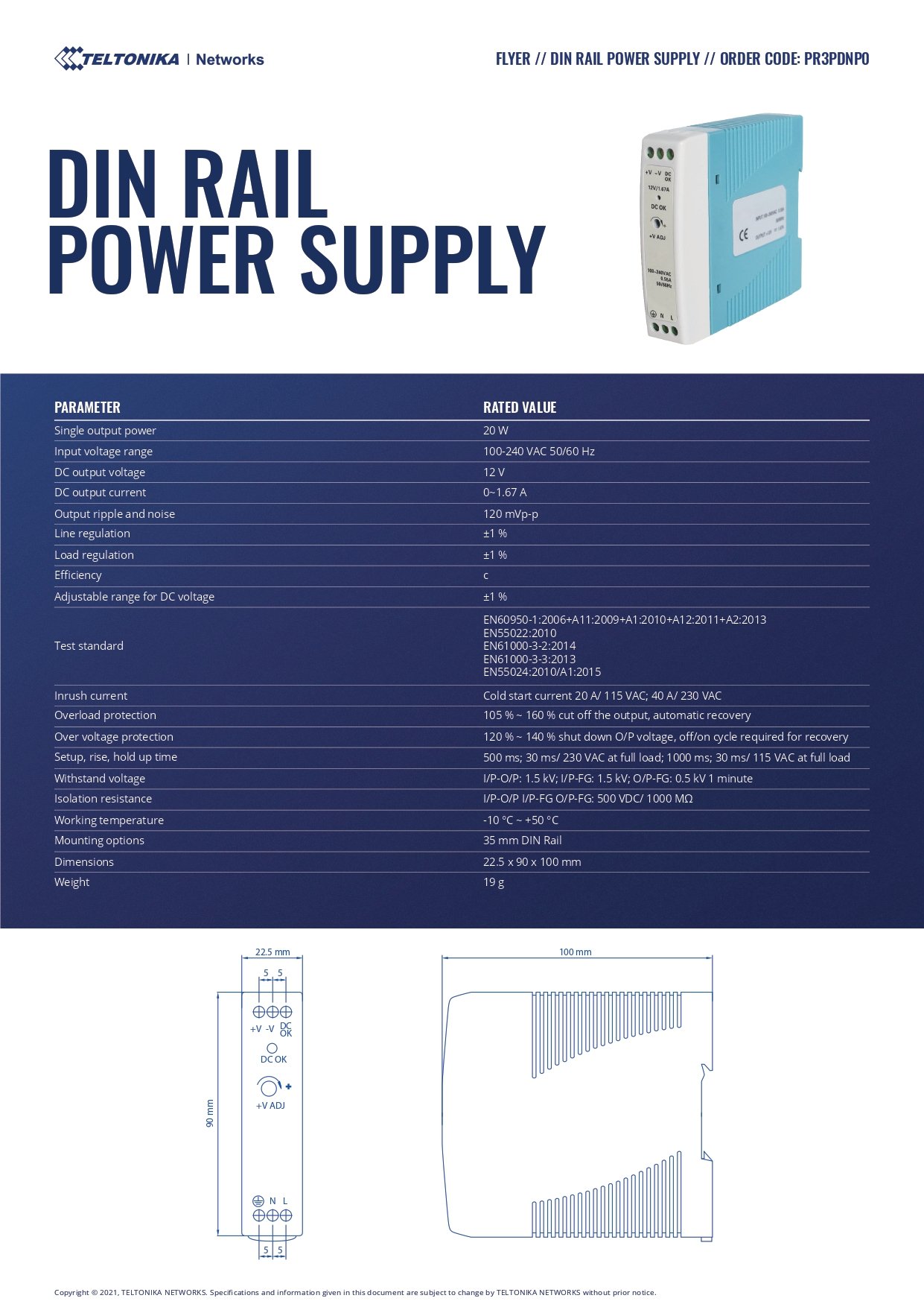 Teltonika | Teltonika DIN RAIL POWER SUPPLY, 20W | PR3PDNP0 - Image 1