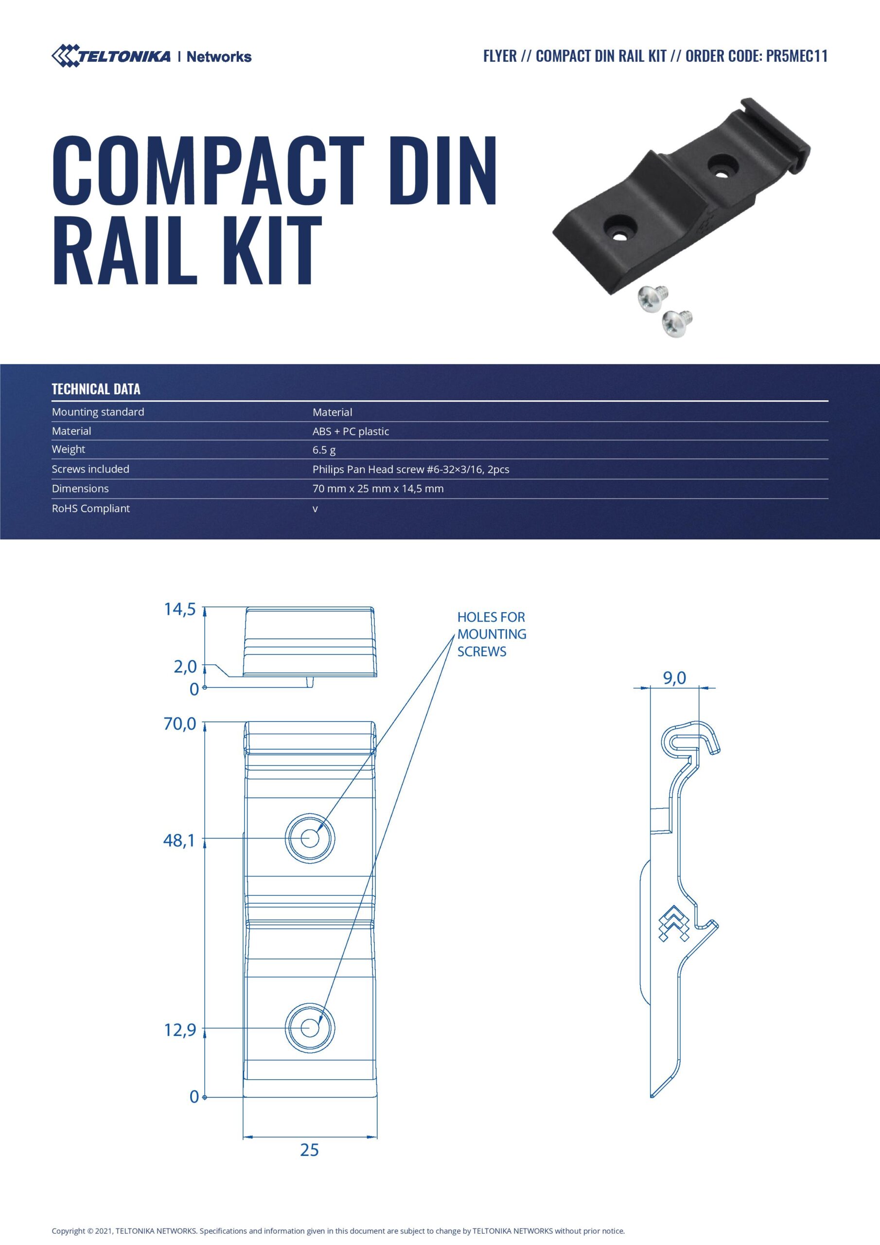Teltonika | Teltonika v6 Compact DIN Rail Mounting Kit - Compatible with all Teltonika RUT and TRB Series devices - Formerly 088-00270 | PR5MEC11 - Image 1