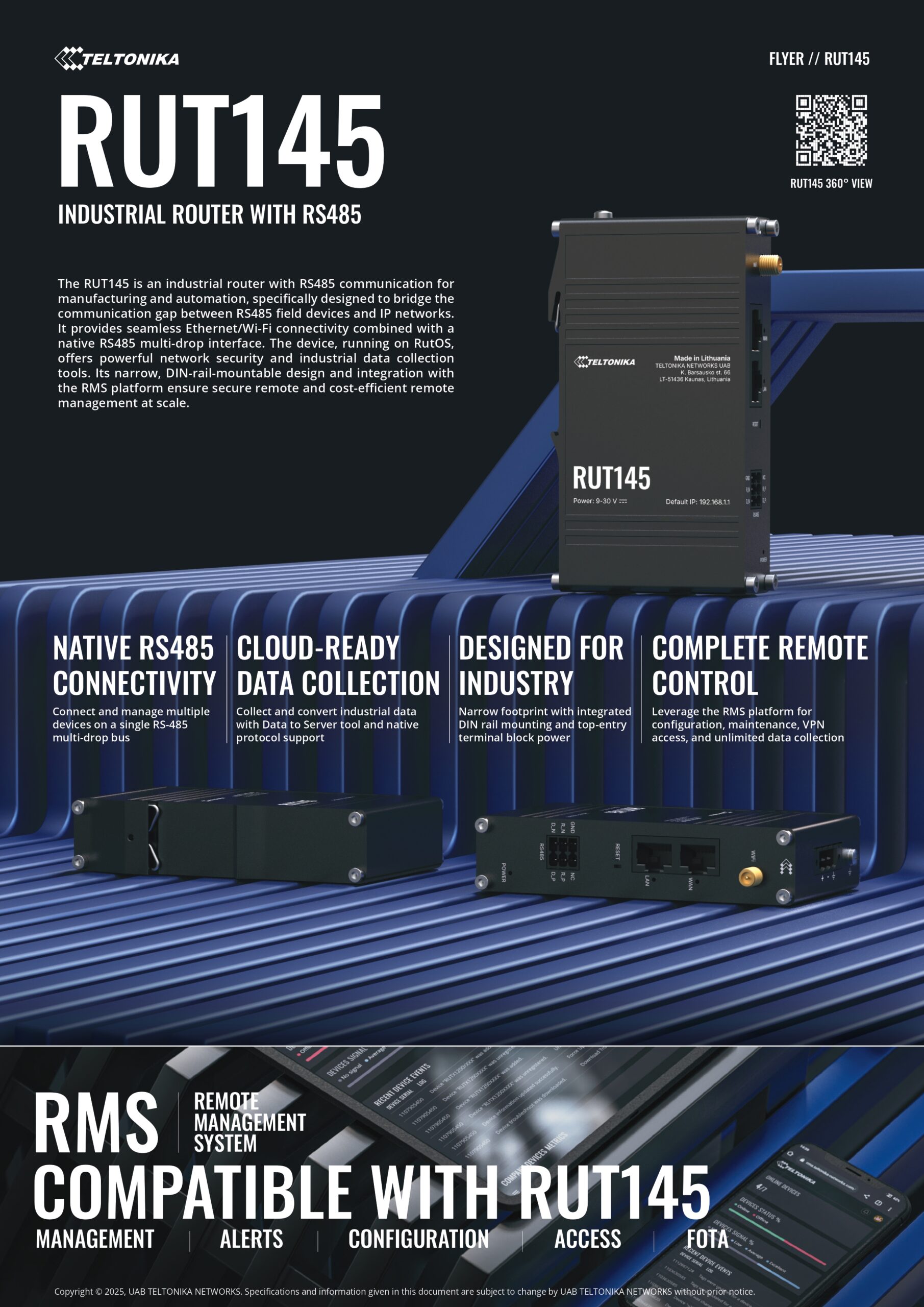 Teltonika | Teltonika RUT145 Industrial RS485 Router, Wi-Fi Ethernet Connectivity, Industrial Data Collection-Ready with RMS Support, PSU Excluded | RUT145000000 - Image 1