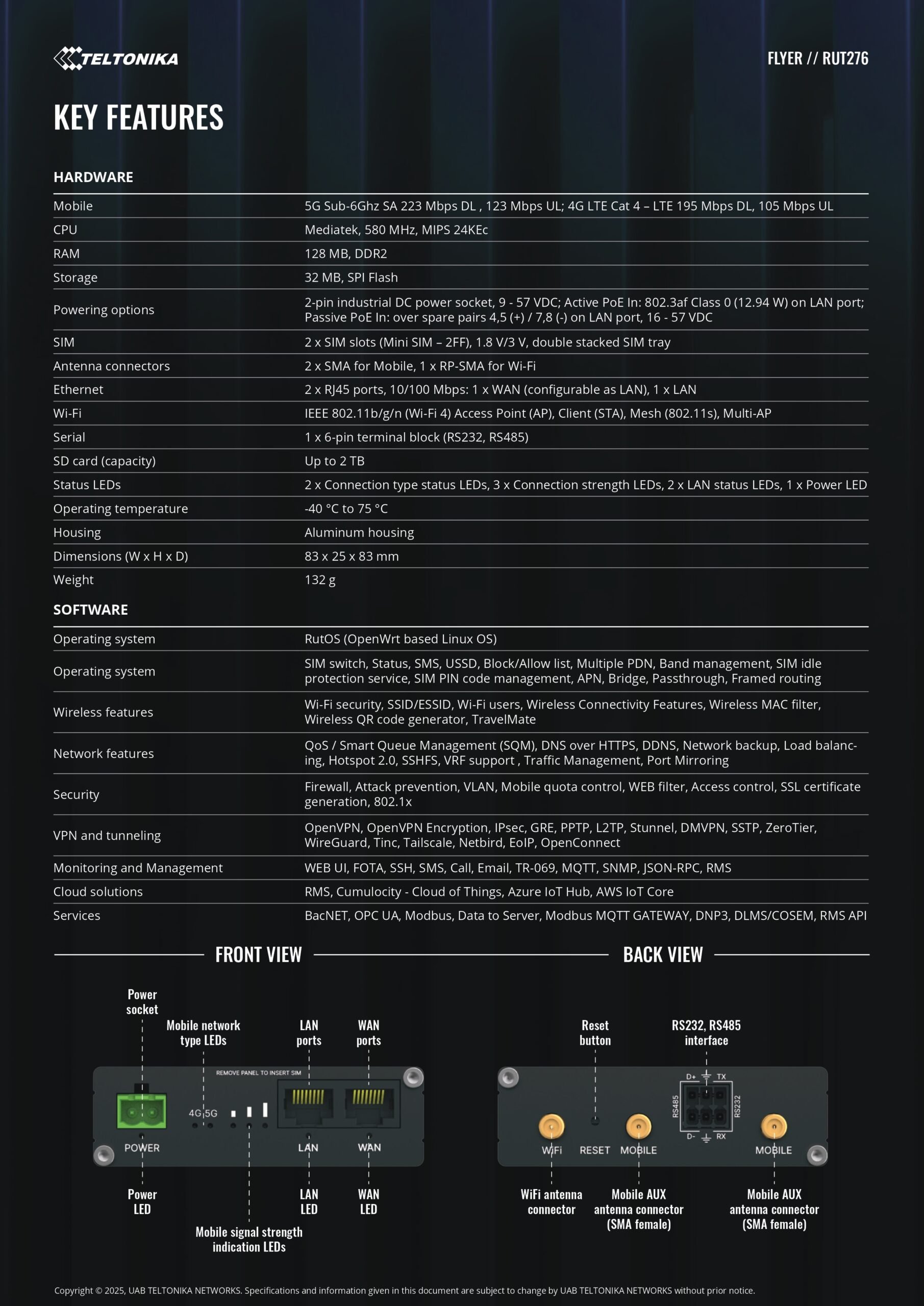 Teltonika | Teltonika RUT276 Compact Redcap 5G Router, Built-in RS232/RS485,2 x SIM Slots, 2 x RJ45 ports, 10/100 Mbps, PSU Excluded | RUT276000000 - Image 2