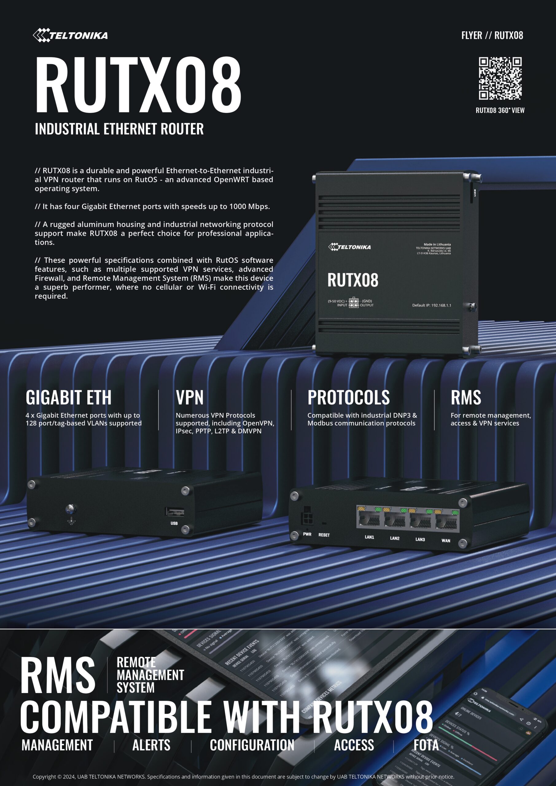 Teltonika | Teltonika RUTX08 Industrial Ethernet Router, Next Gen VPN Router for Professional Applications, Quad-Core CPU, 256 MB RAM, PSU included | RUTX08000400 - Image 1