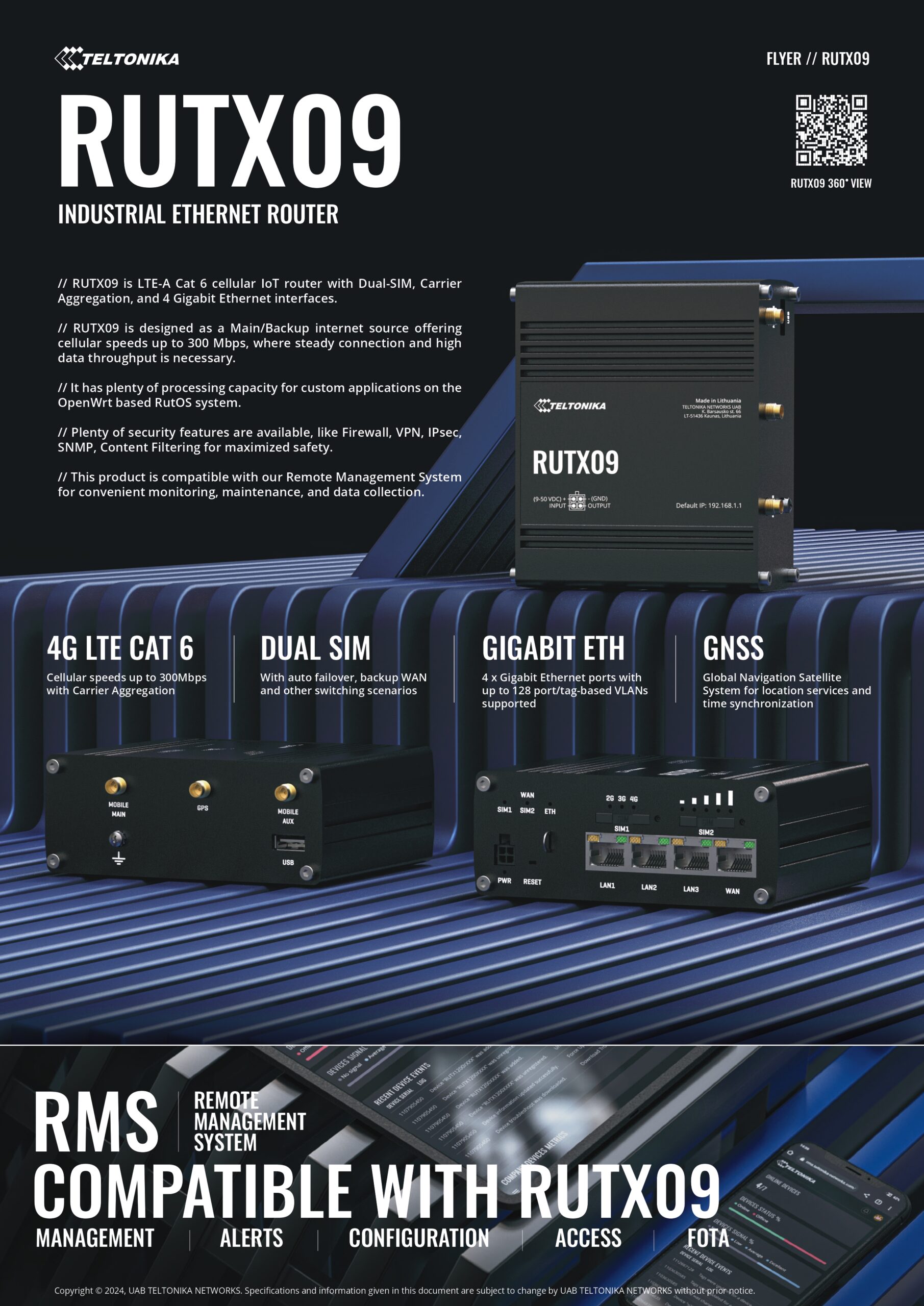 Teltonika | Teltonika RUTX09 Industrial Cellular Router, 4G LTE CAT 6, Dual SIM, Instant LTE Failover, Gigabit Ethernet, PSU included | RUTX09000300/RUTX09200300 - Image 1