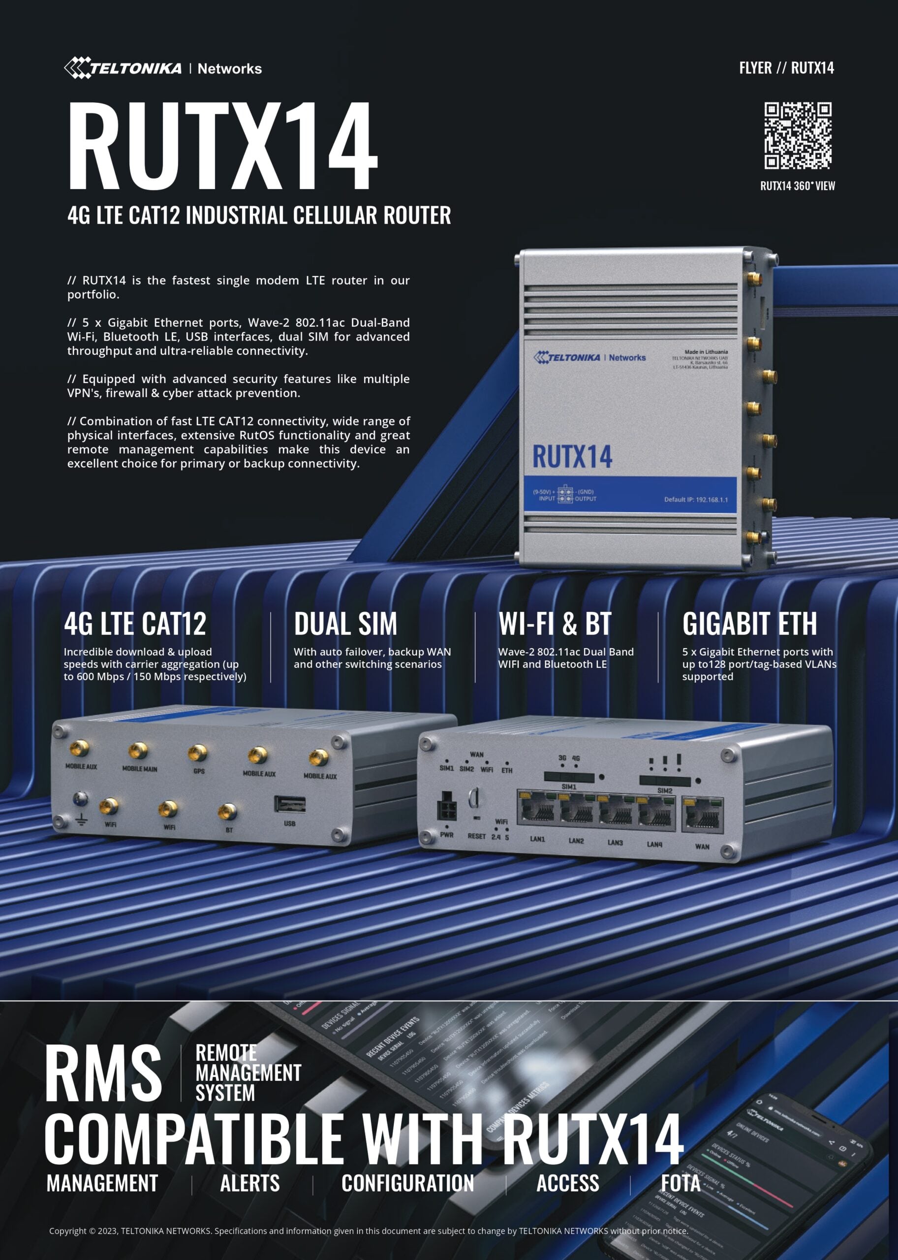 Teltonika | Teltonika RUTX14 4G LTE CAT12 Industrial Cellular Router, Instant LTE Failover, Dual Band WiFi 802.11ac, GNSS/GPS and Bluetooth LE, PSU included | RUTX14000300 - Image 1