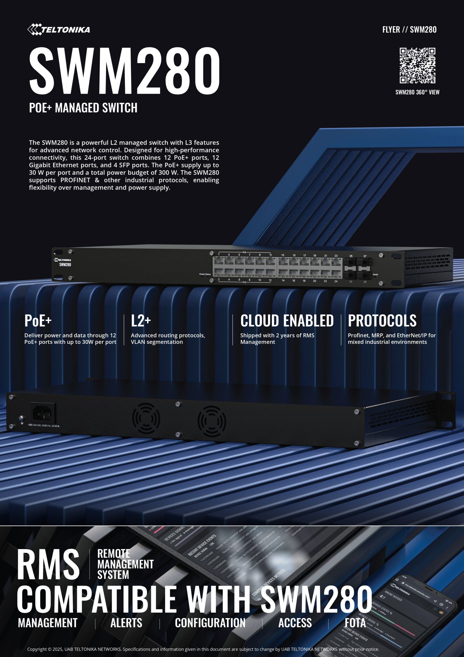 Teltonika | Teltonika SWM280 PoE+ Managed Switch, 24 x ETH ports, 10/100/1000 Mbps,12 PoE+ ports with up to 30W per port,4 SFP ports, 2 year free RMS License. | SWM280000200 - Image 1
