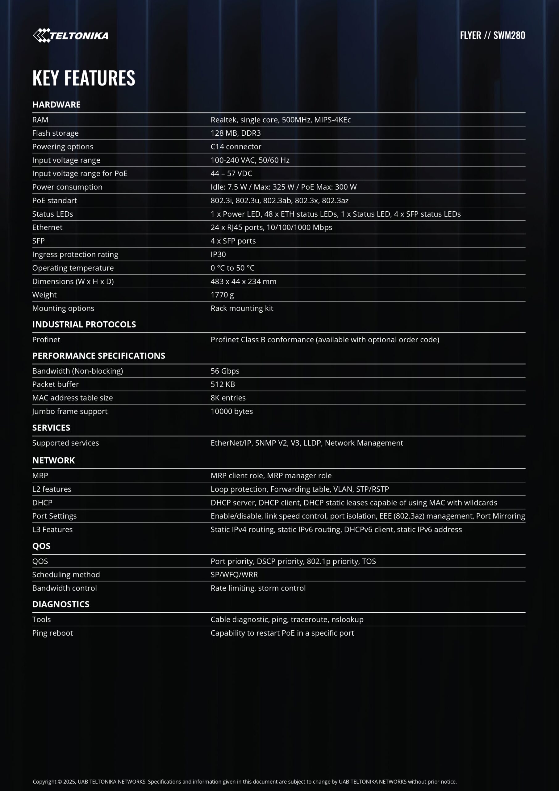 Teltonika | Teltonika SWM280 PoE+ Managed Switch, 24 x ETH ports, 10/100/1000 Mbps,12 PoE+ ports with up to 30W per port,4 SFP ports, 2 year free RMS License. | SWM280000200 - Image 2