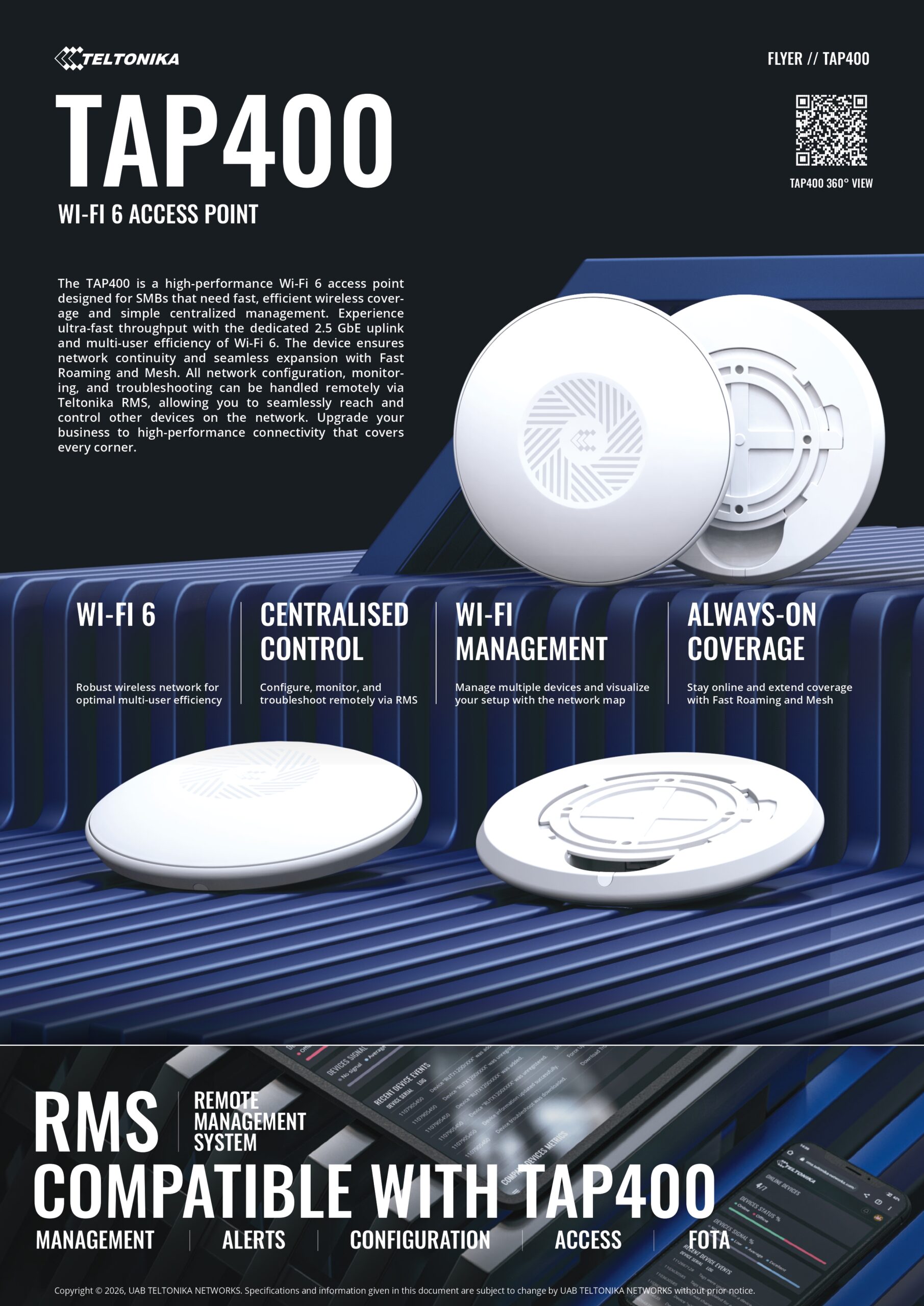 Teltonika | Teltonika TAP400 – Wi-Fi 6 Access Point, 2.5 GbE uplink,  Configure, monitor, and troubleshoot remotely via RMS, Fast Roaming and Mesh - PSU excluded | TAP400000000 - Image 1