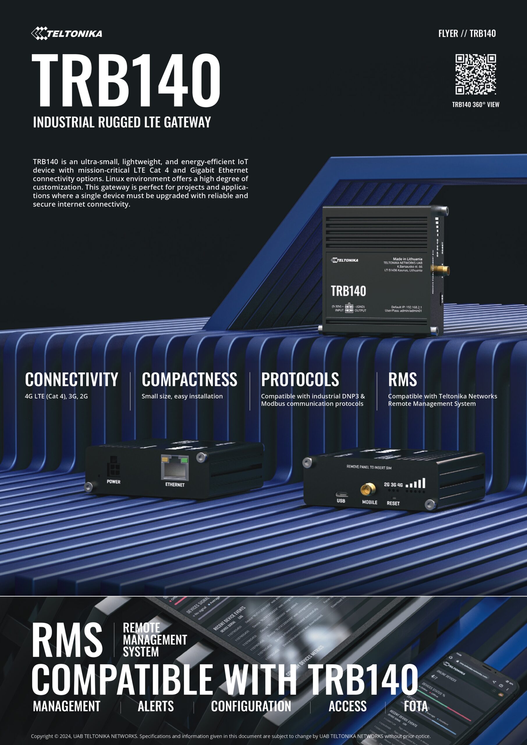 Teltonika | Teltonika TRB140 Industrial Rugged LTE Gateway, 4G/LTE (Cat 4), Compatible with Industrial DNP3 Modbus Communication Protocols, PSU included | TRB140107000 - Image 1
