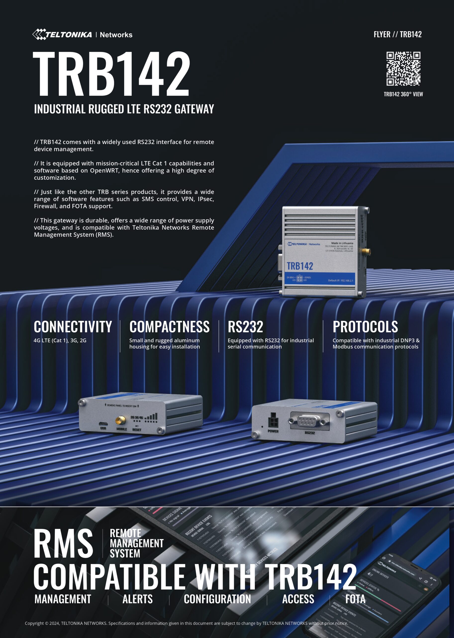 Teltonika | Teltonika TRB142 Industrial Rugged LTE RS232 Gateway, 4G/LTE (Cat 1), Equipped with RS232, Compatible with Industrial DNP3, PSU included | TRB142108000 - Image 1