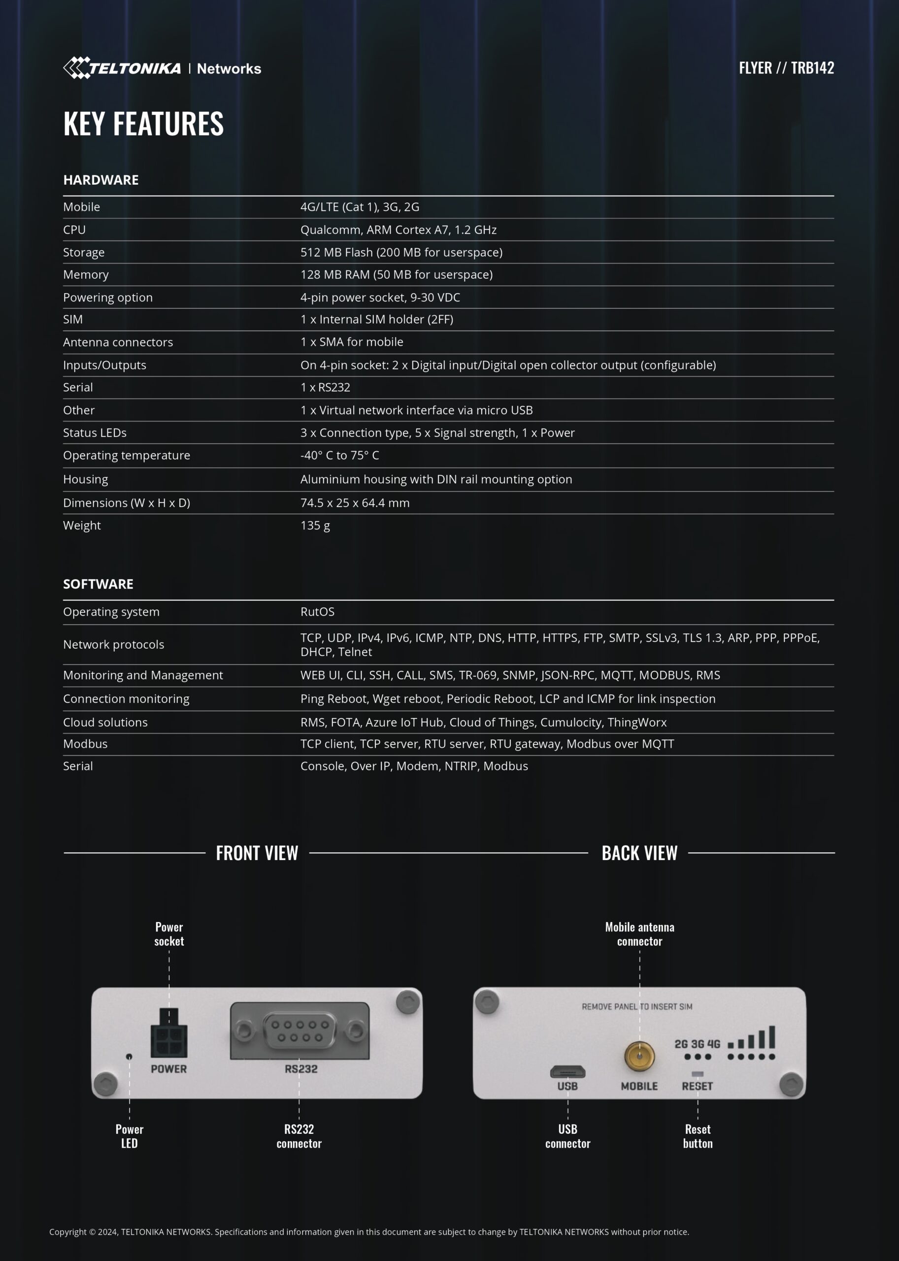 Teltonika | Teltonika TRB142 Industrial Rugged LTE RS232 Gateway, 4G/LTE (Cat 1), Equipped with RS232, Compatible with Industrial DNP3, PSU included | TRB142108000 - Image 2