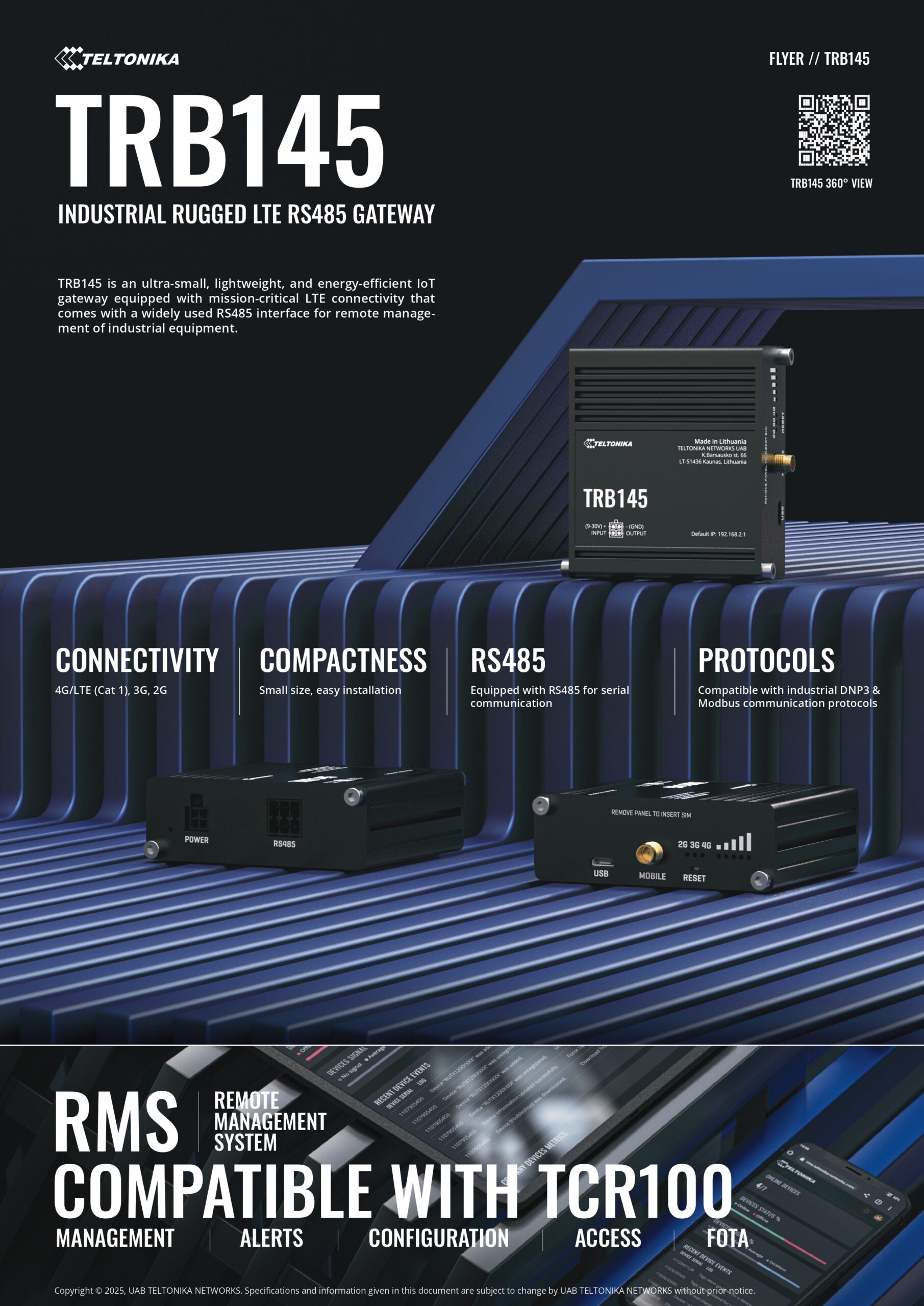 Teltonika | Teltonika TRB145 Industrial Rugged LTE RS485 Gateway, 4G/LTE (Cat 1), Equipped with RS485, Compatible with Industrial DNP3, PSU included | TRB145106000 - Image 1
