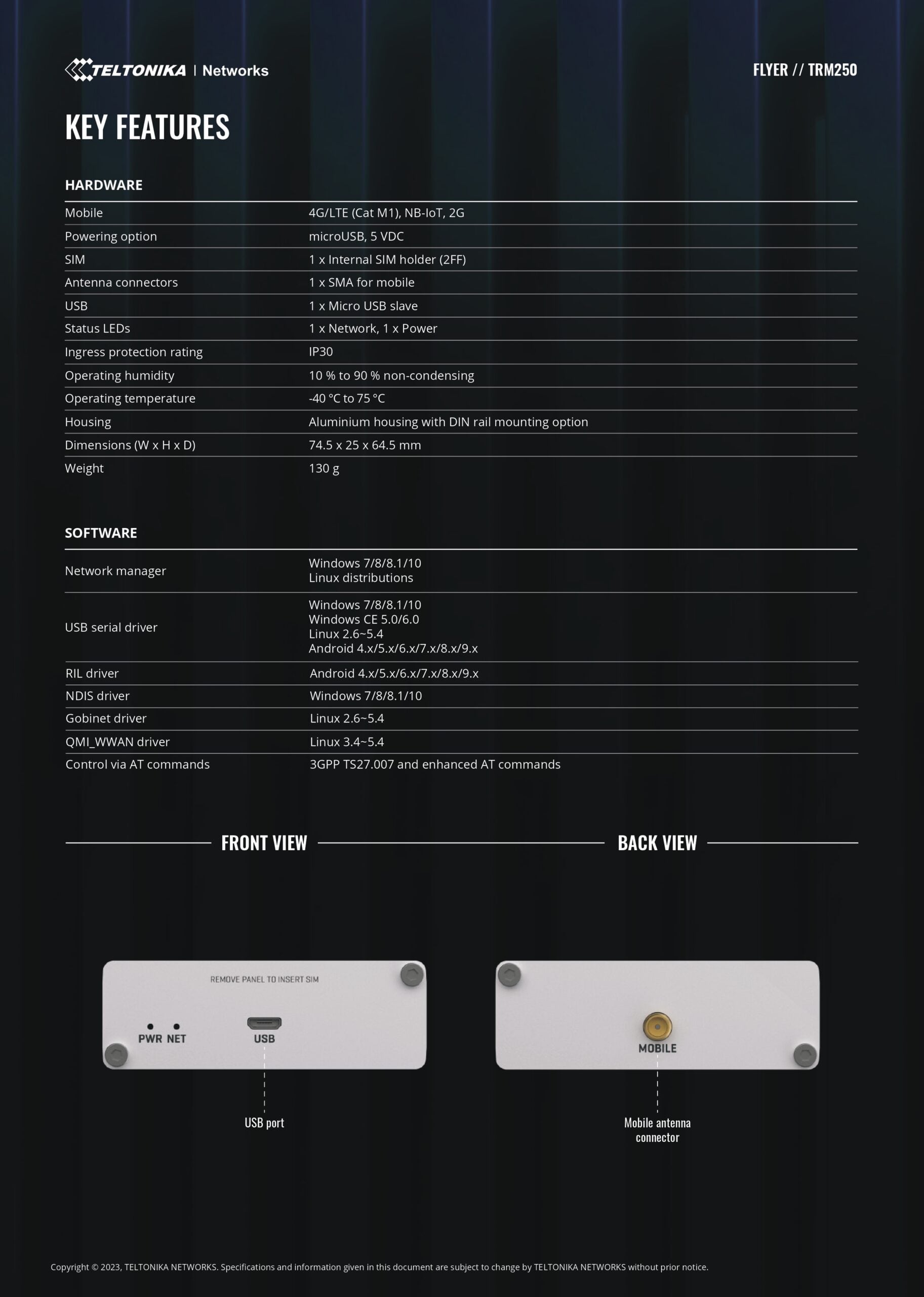 Teltonika | Teltonika TRM250 Industrial Cellular Modem, 4G/LTE (Cat M1), NB-IoT, Small Size, USB Interface for Internet Access, External Antenna, PSU excluded | TRM250000000 - Image 2