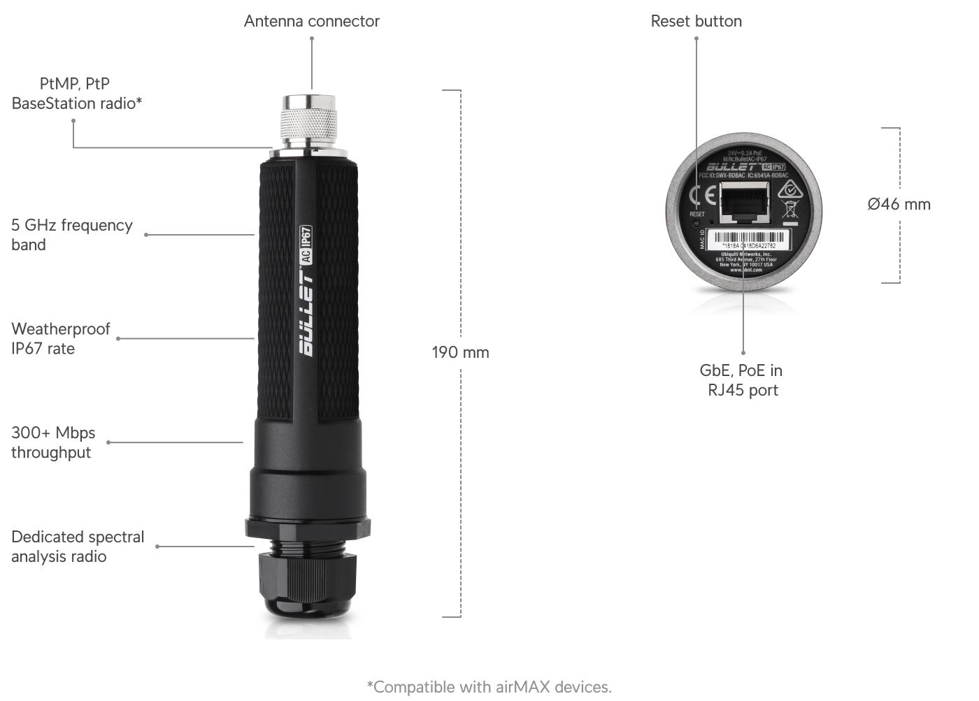 Ubiquiti | Ubiquiti Bullet, Dual Band, 802.11 AC, Titanium Series - Used for PtP / PtMP links - Uses N-Male Connector for Antenna Couple | BulletAC-IP67 - Image 1