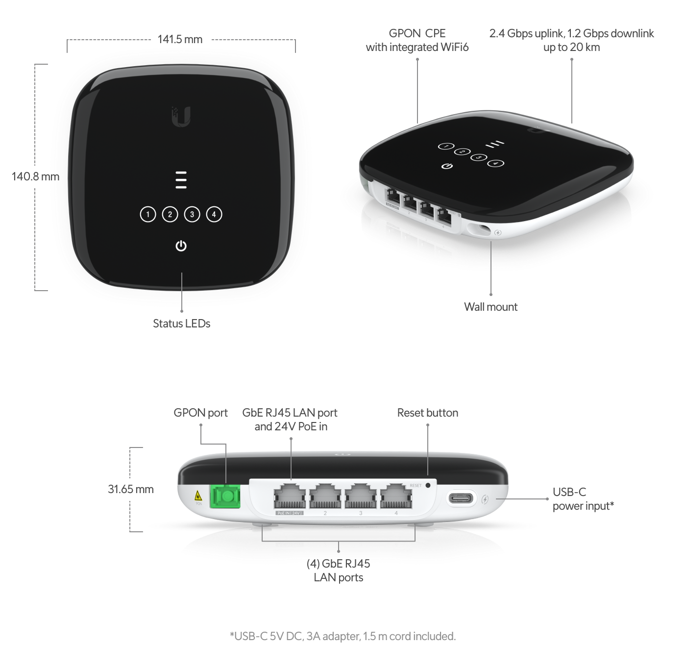 Ubiquiti | Ubiquiti UFiber Gigabit WiFi6, Passive Optical Network CPE with Built-in WiFi and Multiple VLAN-aware Switch Ports, | UF-WiFi6 - Image 1