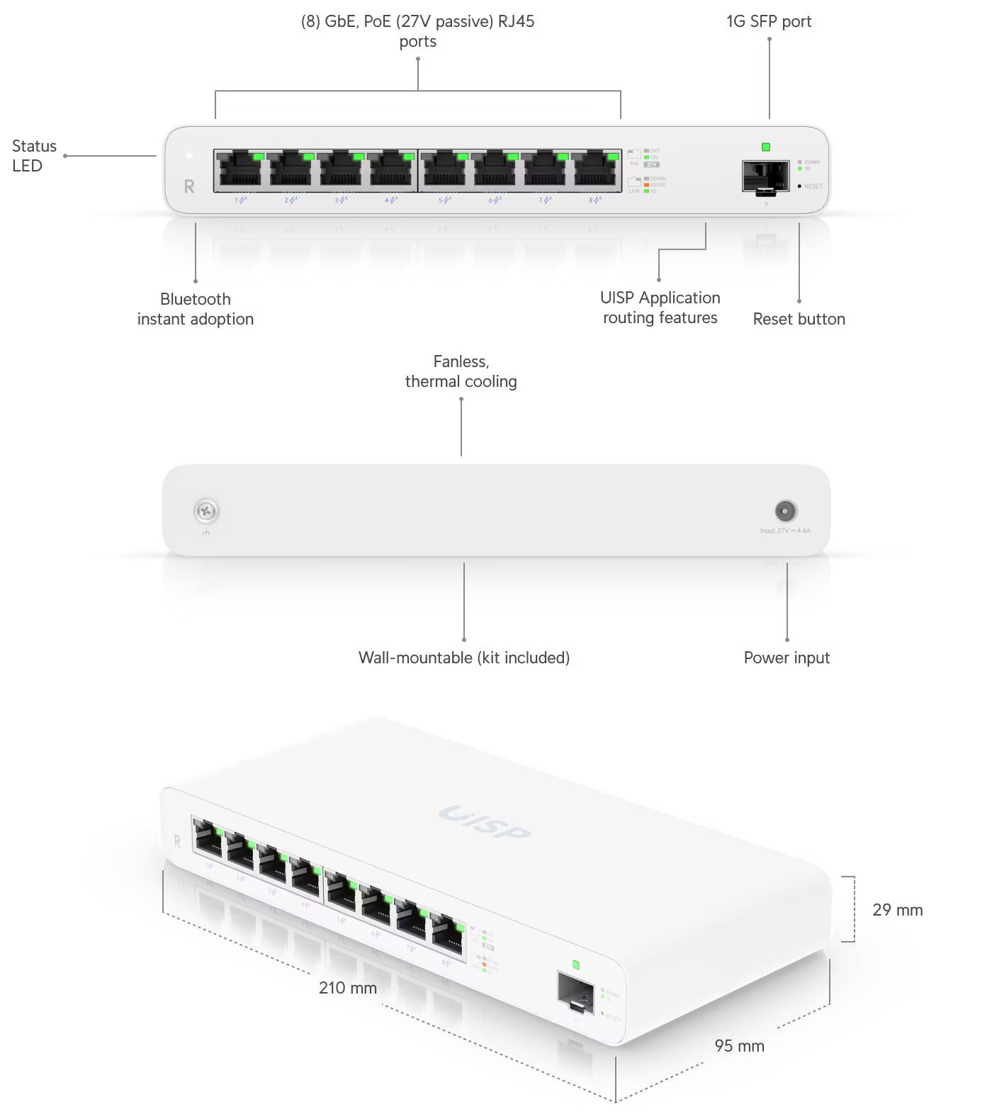 Ubiquiti | Ubiquiti UISP Router, Cloud Managed 8 GbE Port Router, 27V Passive PoE, 1x 1Gbps SFP, Built in Traffic Shaping, 110W PoE Availability | UISP-R - Image 1