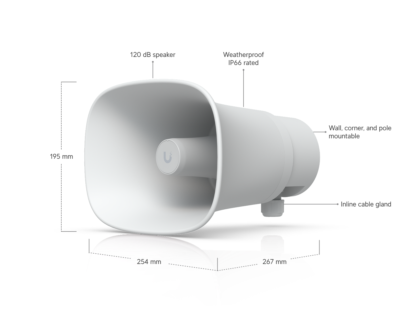Ubiquiti | Ubiquiti AI Horn Speaker, White, All-weather PoE 120 dB Horn Speaker With Advanced AI Alert FunctionalityVersatile Wall, Corner,Pole Mounting Options | UP-HORN-SPEAKER - Image 1