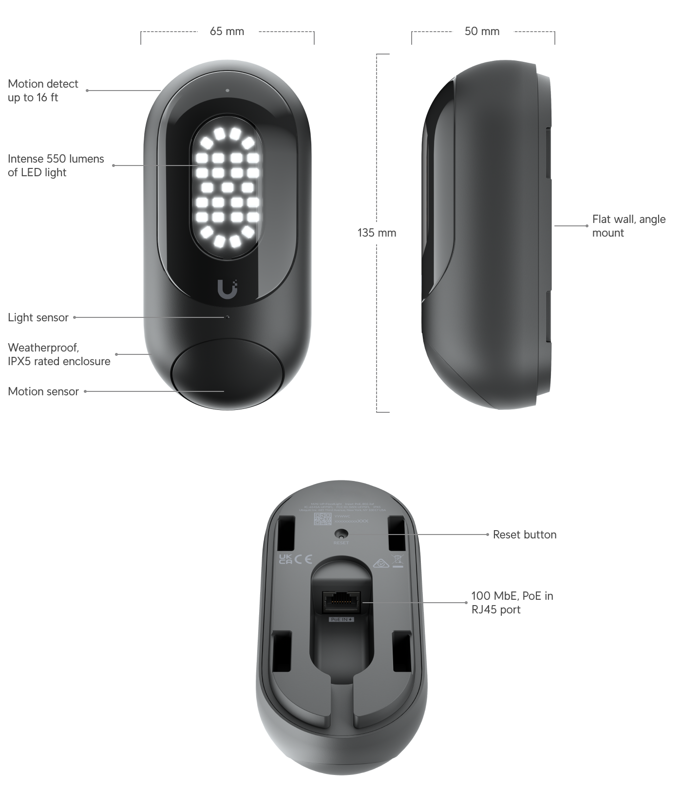 Ubiquiti | Ubiquiti UniFi Smart Flood Light, Unifi Protect Ready, Long Distance Motion Sensor, 550 Lumens, IPX5 Waterproof Housing, PoE (802.3 af) | UP-FloodLight - Image 1
