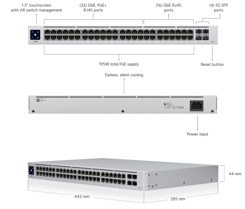 Ubiquiti | Ubiquiti UniFi 48-port Managed Gigabit Layer2 switch,  48x Gigabit Ethernet Ports w/ 32x 802.3at POE+, 4x SFP Port Touch Display 195W, | USW-48-POE - Image 1