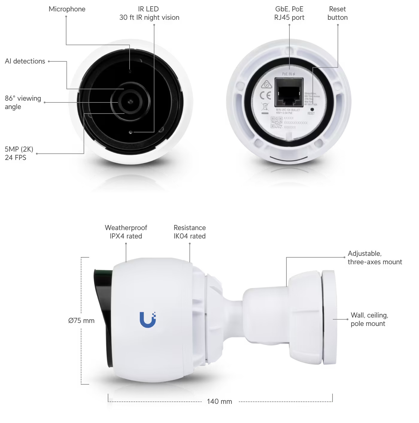 Ubiquiti | Ubiquiti UniFi Protect Camera, Infrared IR 1440p Video 24 FPS- 802.3af is Embedded,Metal Housing, Fully Weatherproof | UVC-G4-BULLET - Image 1