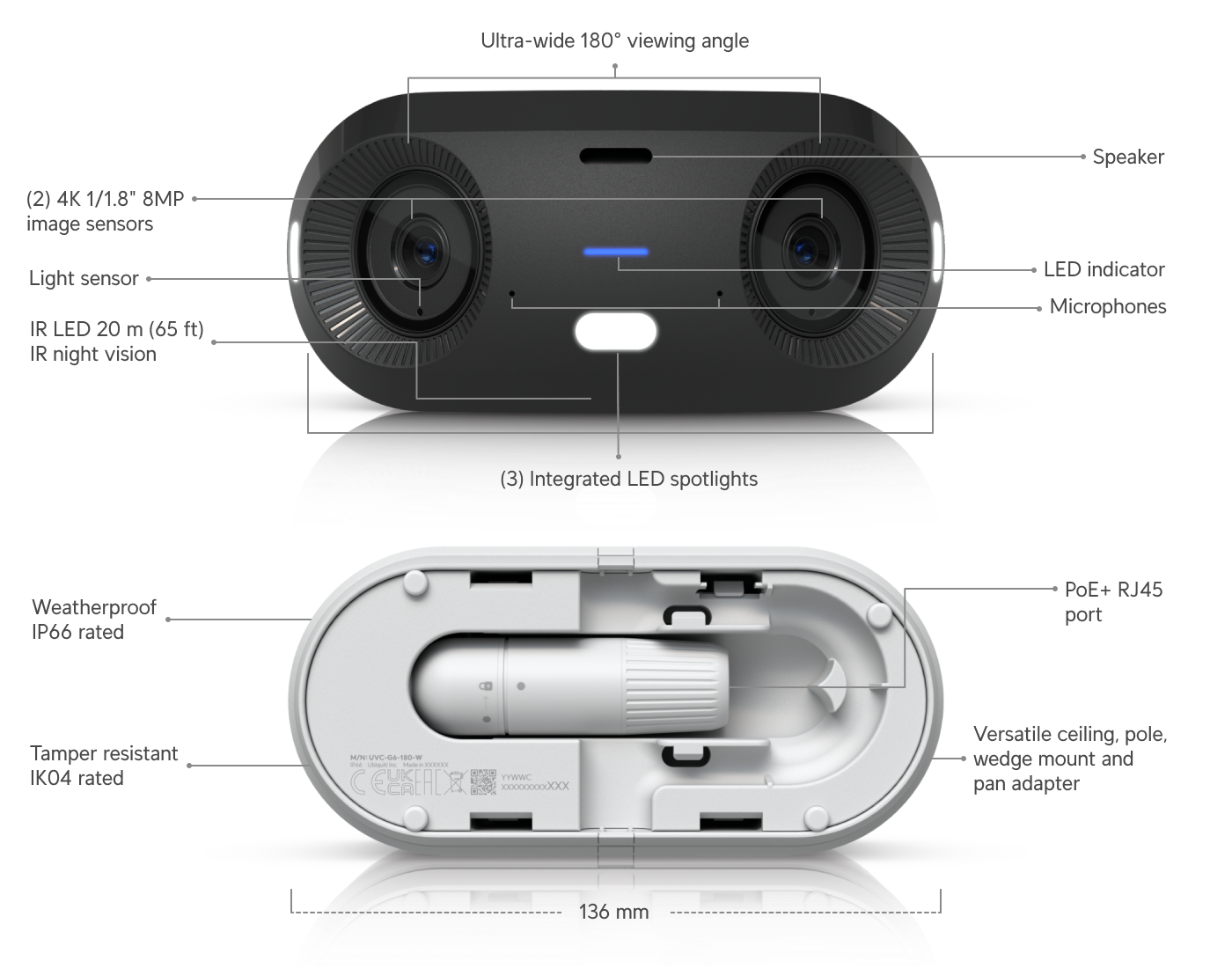 Ubiquiti | Ubiquiti G6 180, White, Indoor/Outdoor Dual Sensor 16MP 20 FPS PoE+ Camera, Multi-TOPS AI Engine, Panoramic 180° Coverage. | UVC-G6-180-W - Image 1