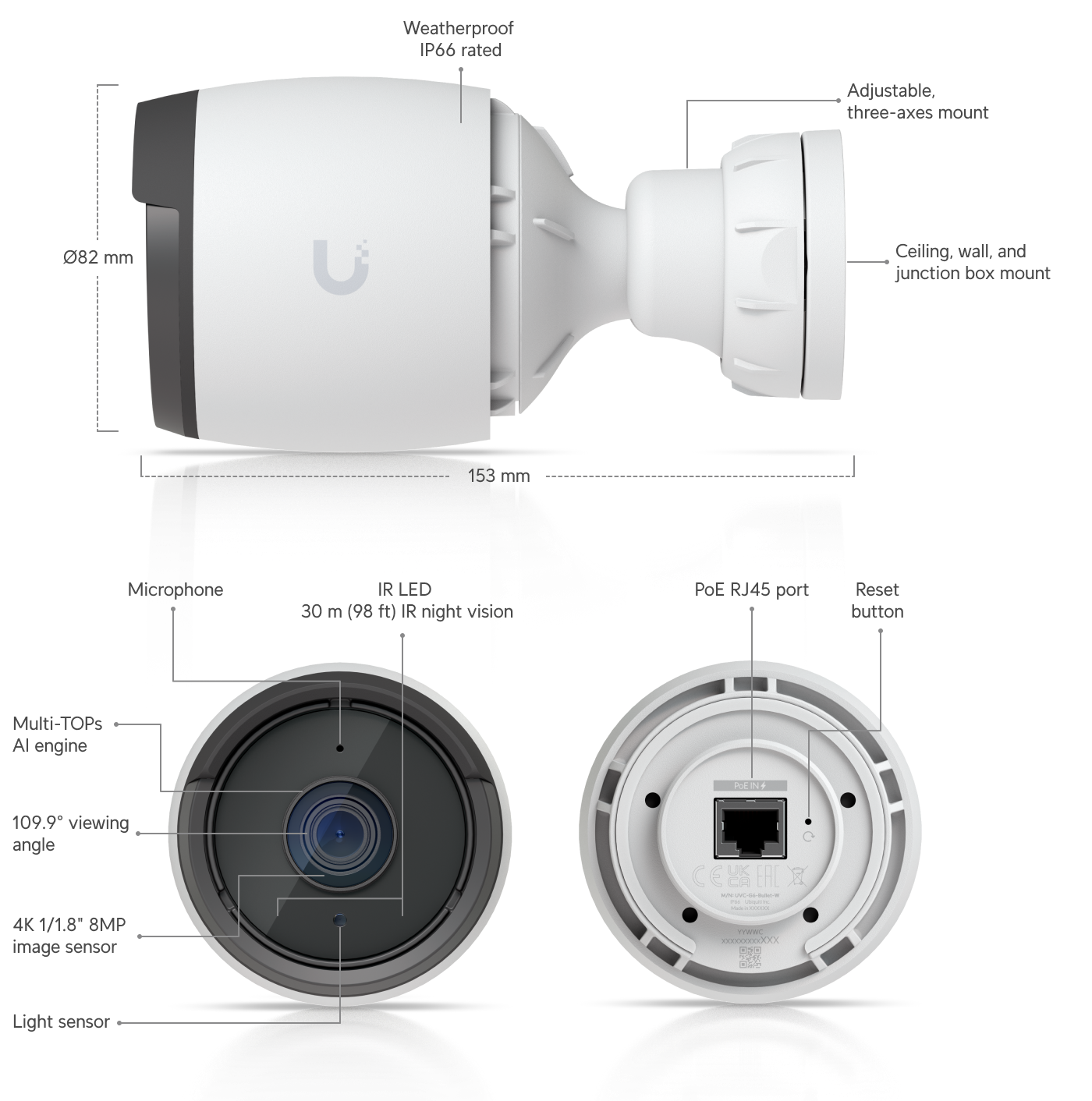Ubiquiti | Ubiquiti G6 Bullet White, All-weather 4K PoE Camera,With a 1/1.8
