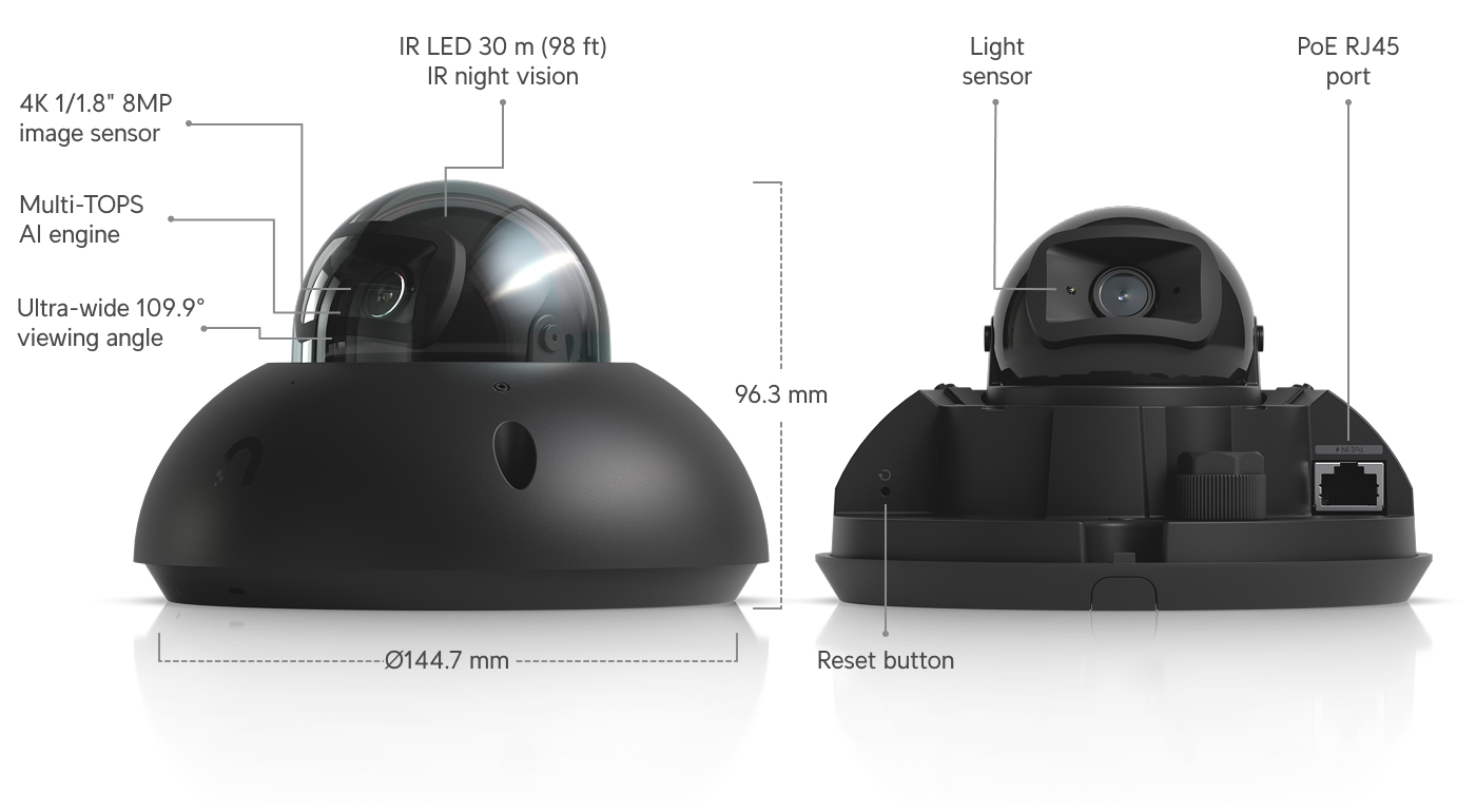 Ubiquiti | Ubiquiti G6 Dome,Black,All weather,Vandal-proof 4K PoE Camera,1/1.8 8MP Image Sensor,Multi-TOPS AI Engine,Longrange IR NightVision,*Avail for DealReg* | UVC-G6-Dome-B - Image 1