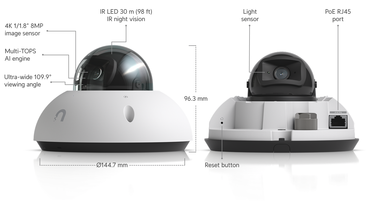 Ubiquiti | Ubiquiti G6 Dome,White,All-weather,Vandal-proof 4K PoE Camera,1/1.8 8MP Image Sensor,Multi-TOPS AI Engine,Long-range IR NightVision*Avail for DealReg* | UVC-G6-Dome-W - Image 1